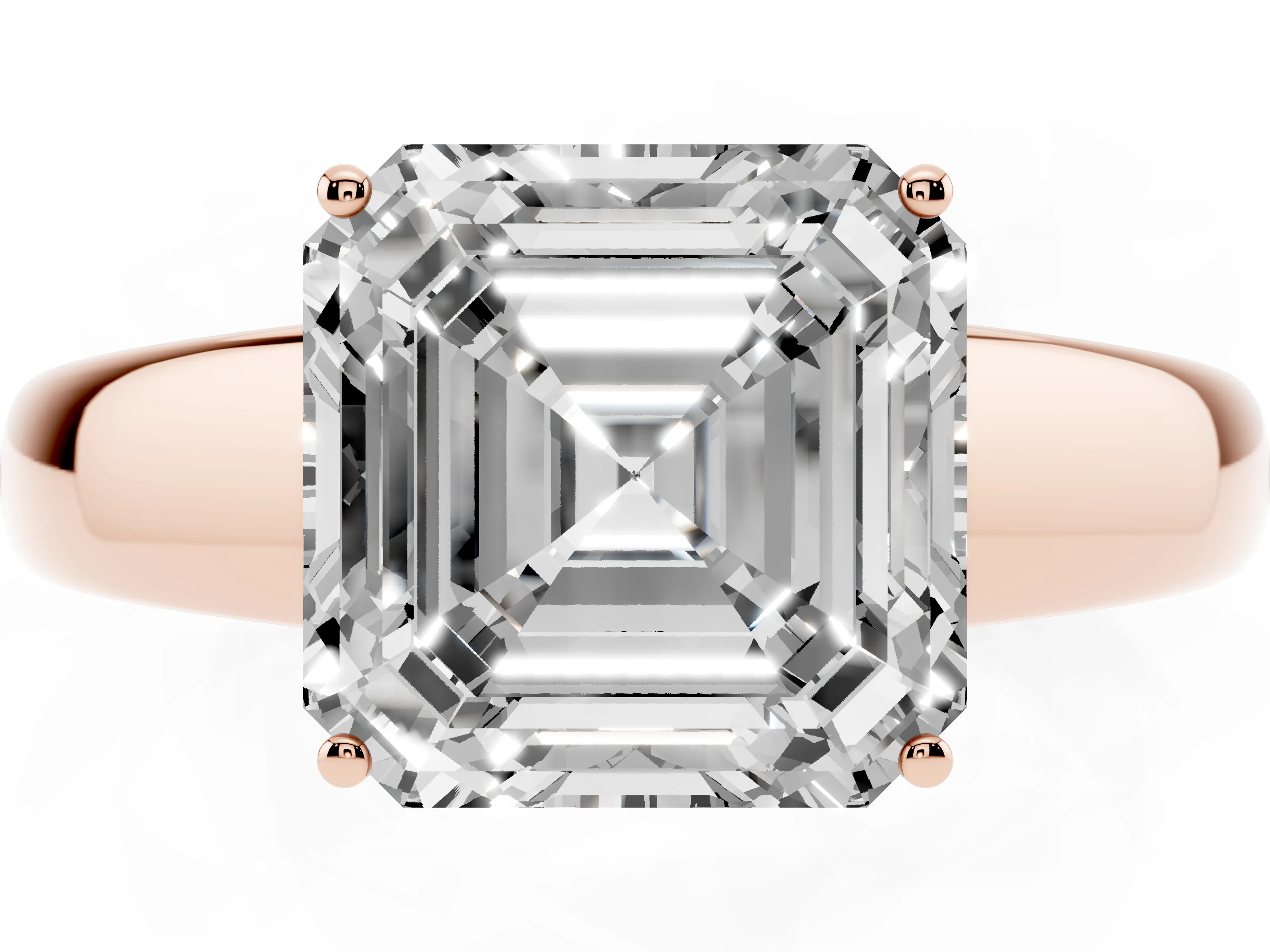 Asscher Cut Diamond Solitaire Ring Set in Rose gold with Tapered Band and Prong Setting