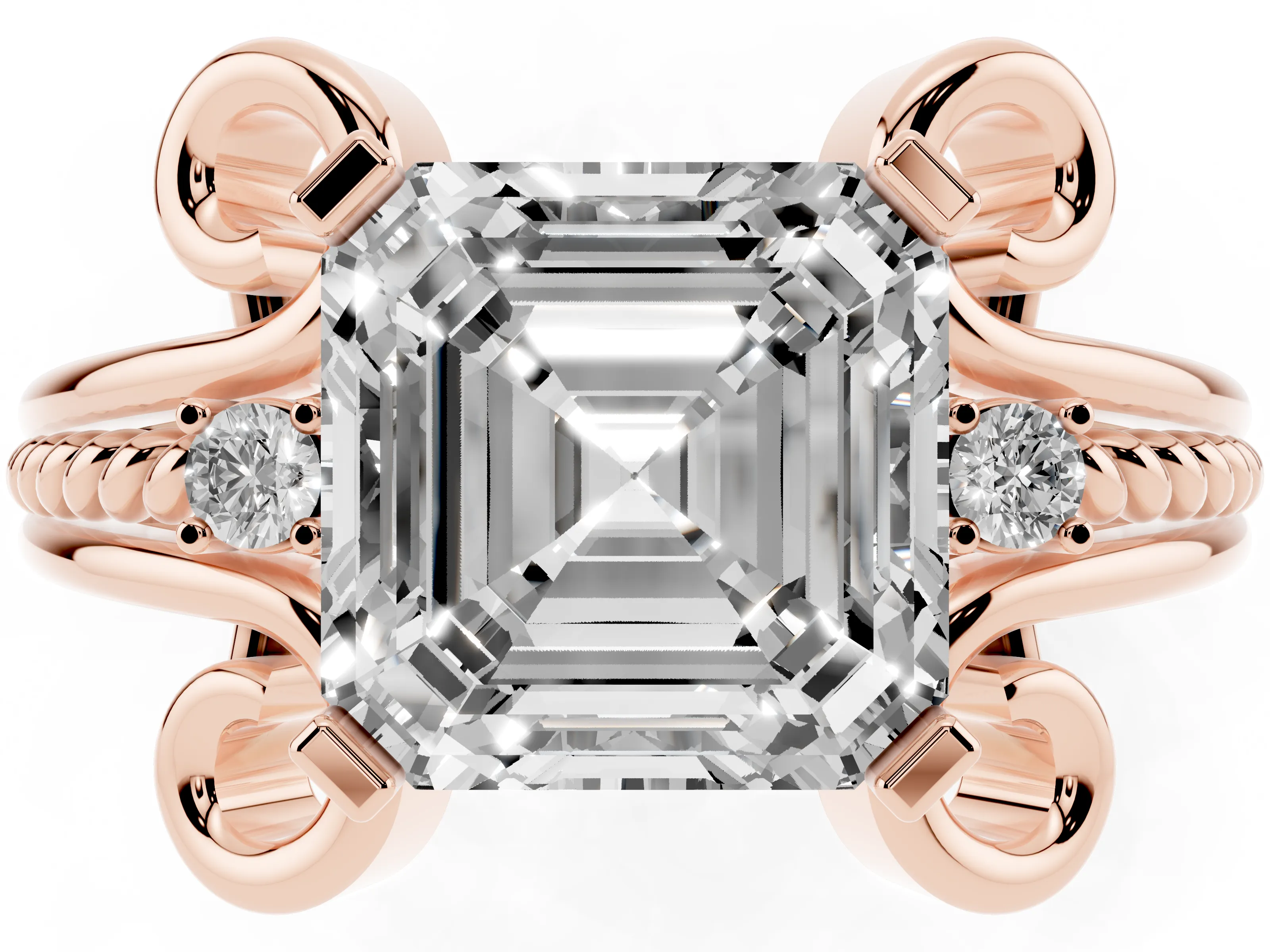 Asscher Cut Diamond Twisted Band Solitaire Ring Set in Rose gold with Scroll Prongs