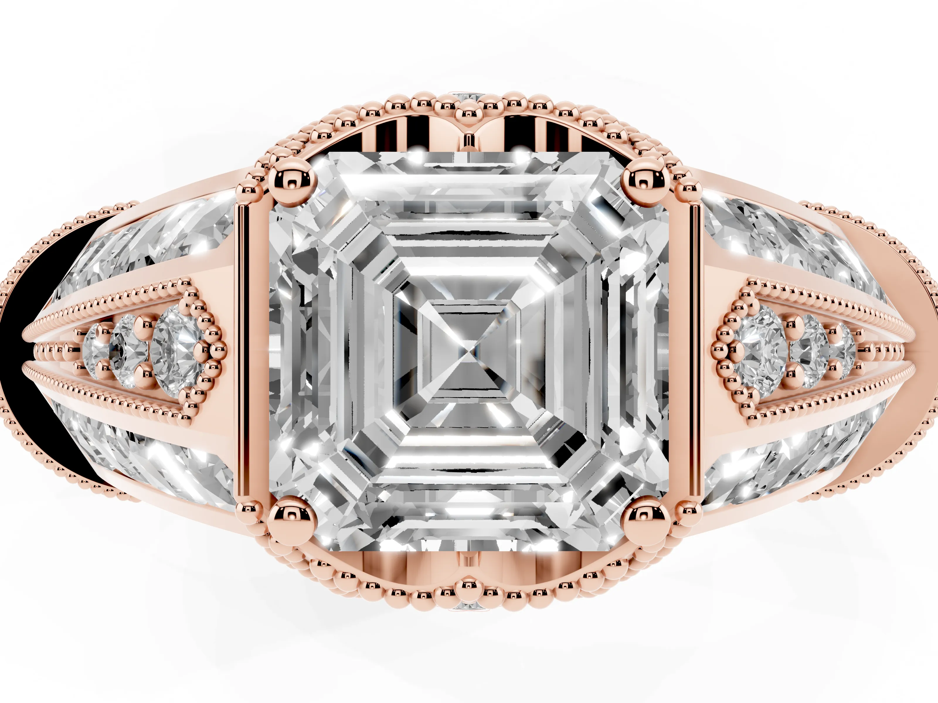 Asscher Cut Diamond Vintage-Inspired Milgrain Ring Set in Rose gold with Accent Split Shank