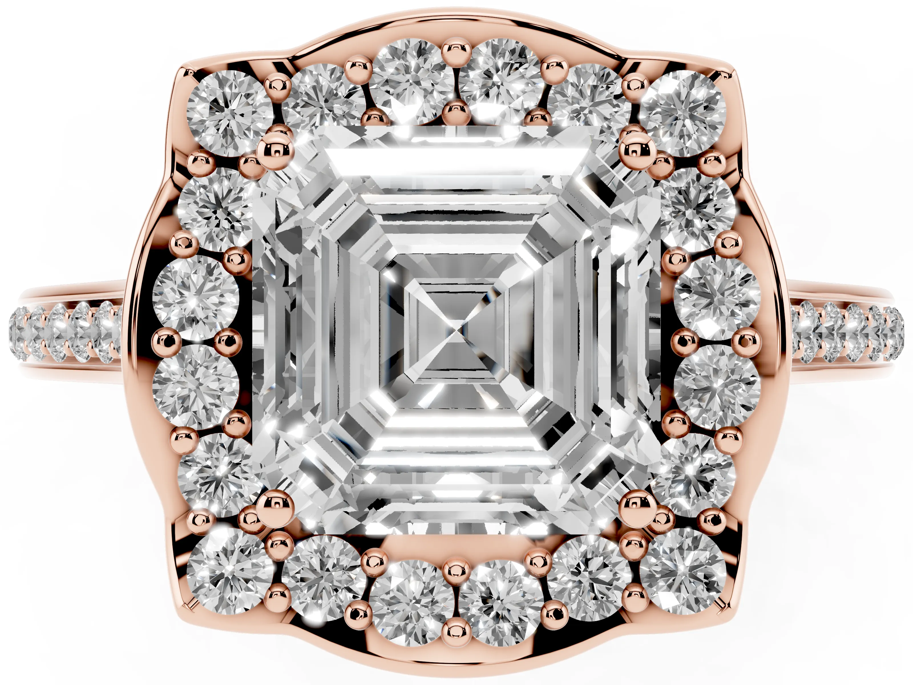 Asscher Cut Diamond Halo Ring Set in Rose gold with Pavé-Lined Shoulders and Prong Setting