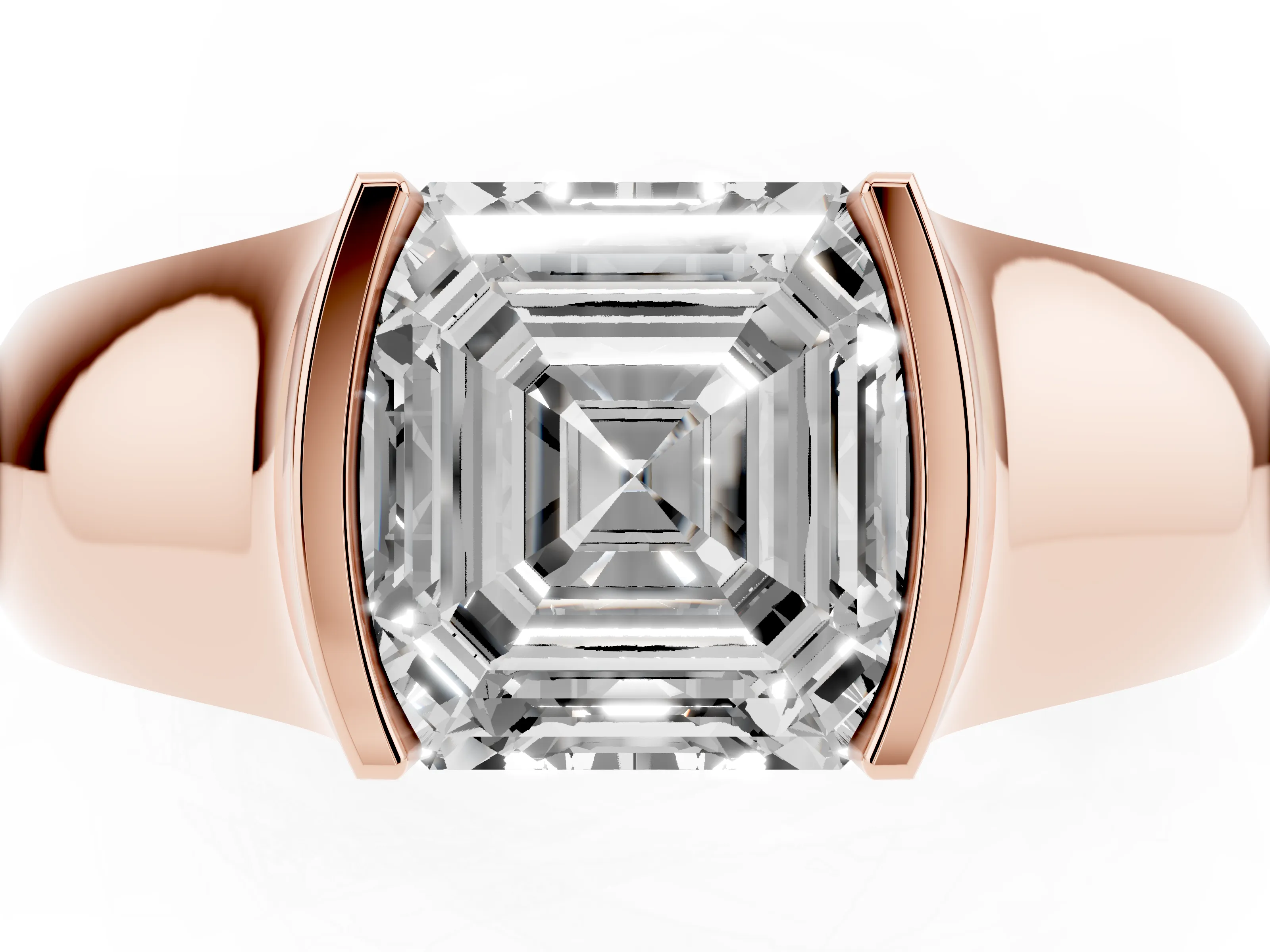 Asscher Cut Diamond Bezel Solitaire Ring Set in Rose gold with Wide Band