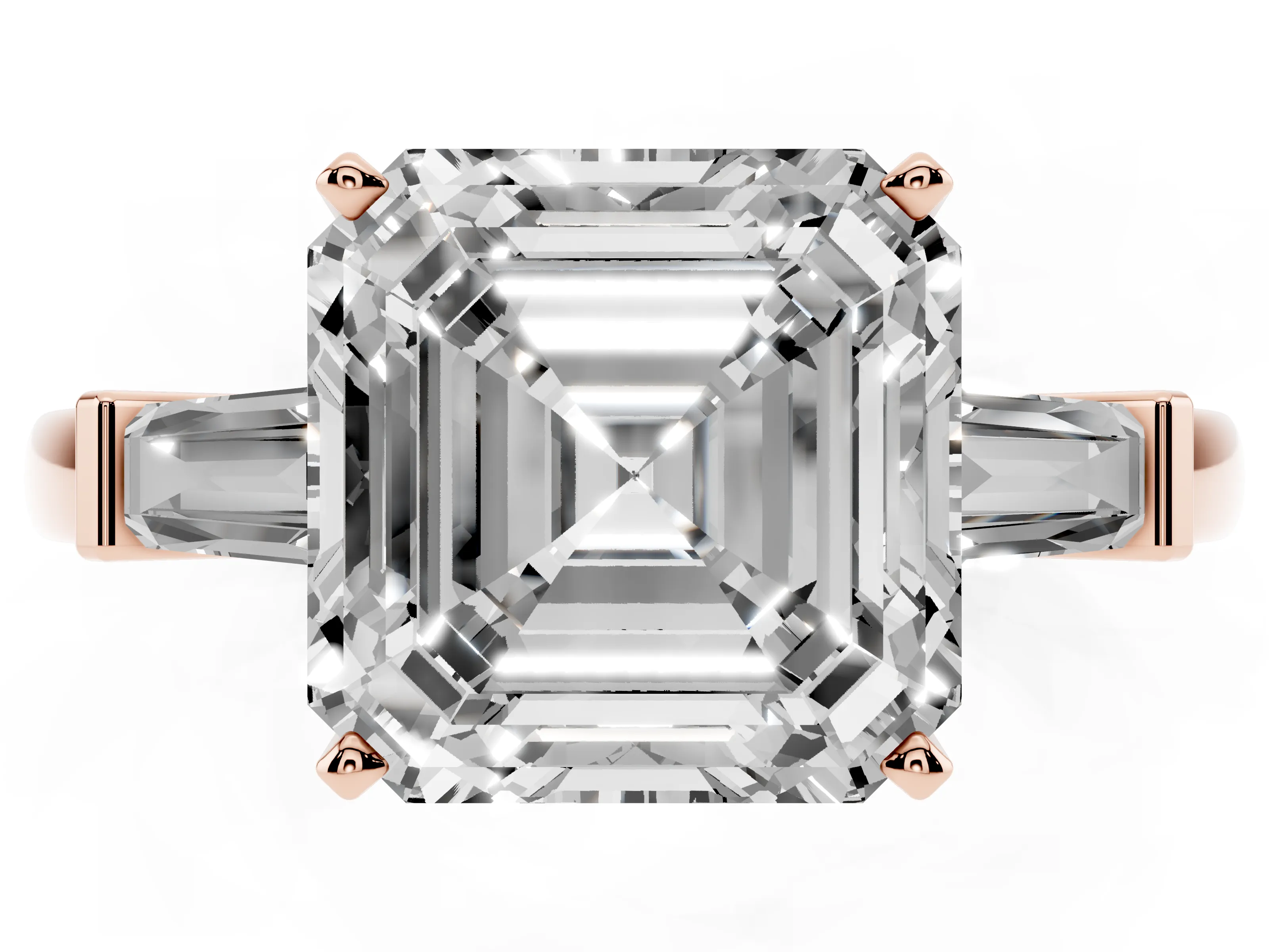 Asscher Cut Diamond Solitaire Ring Set in Rose gold with Tapered Baguette Accents and Prong Setting