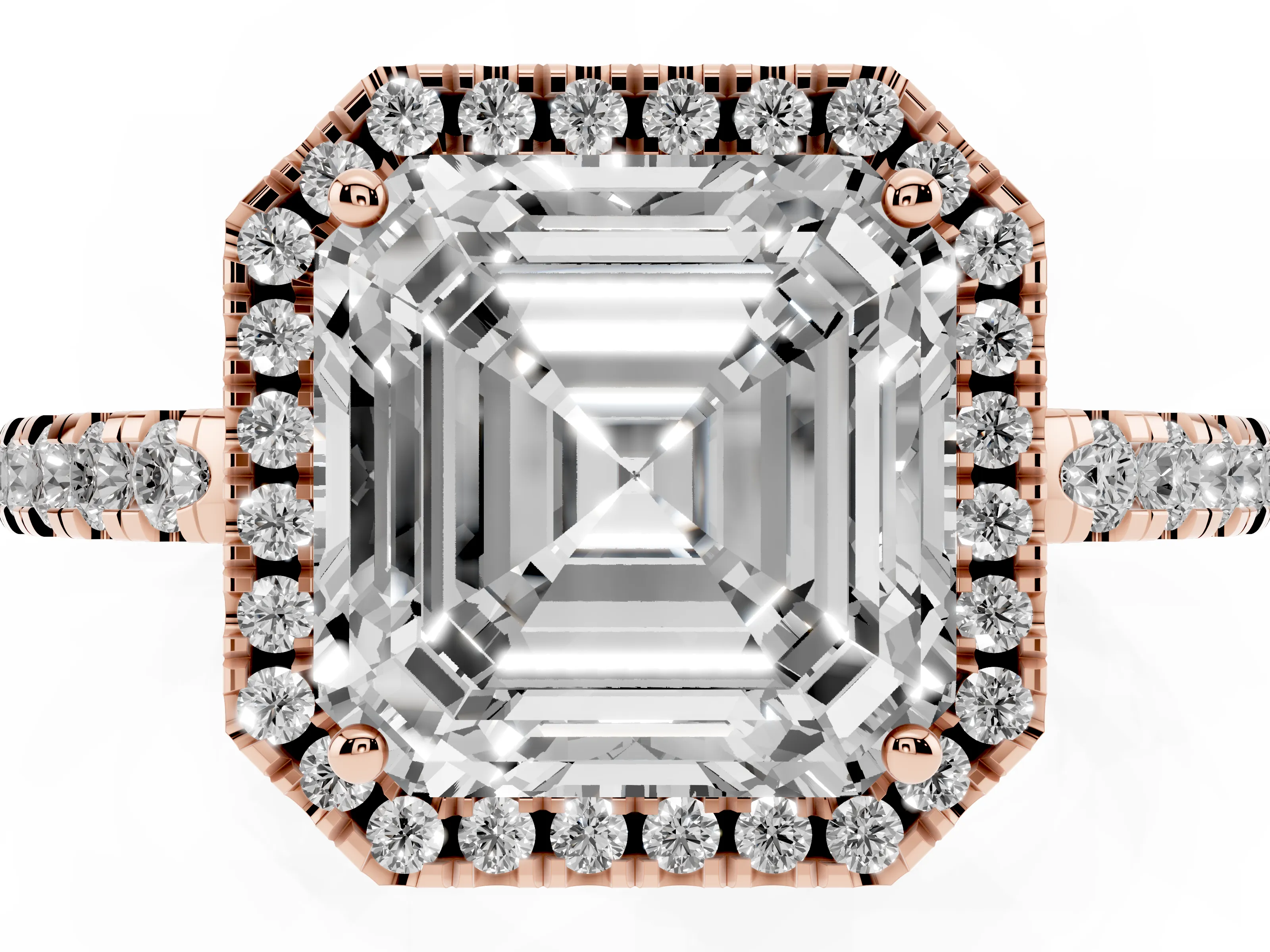 Asscher Cut Diamond Pavé Band Halo Engagement Ring Set in Rose gold with Prong Setting