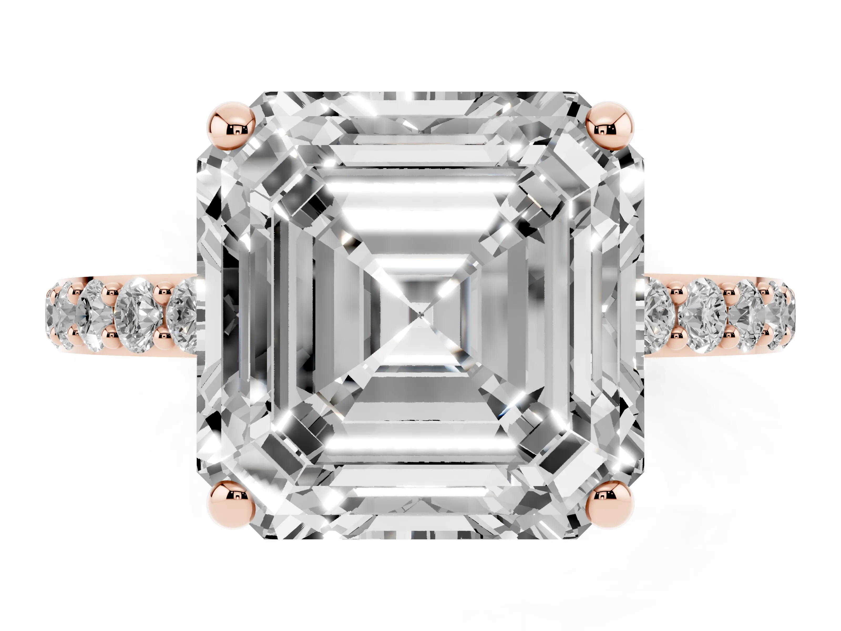 Asscher Cut Diamond Solitaire Ring Set in Rose gold with Round Pavé Band and Prong Setting