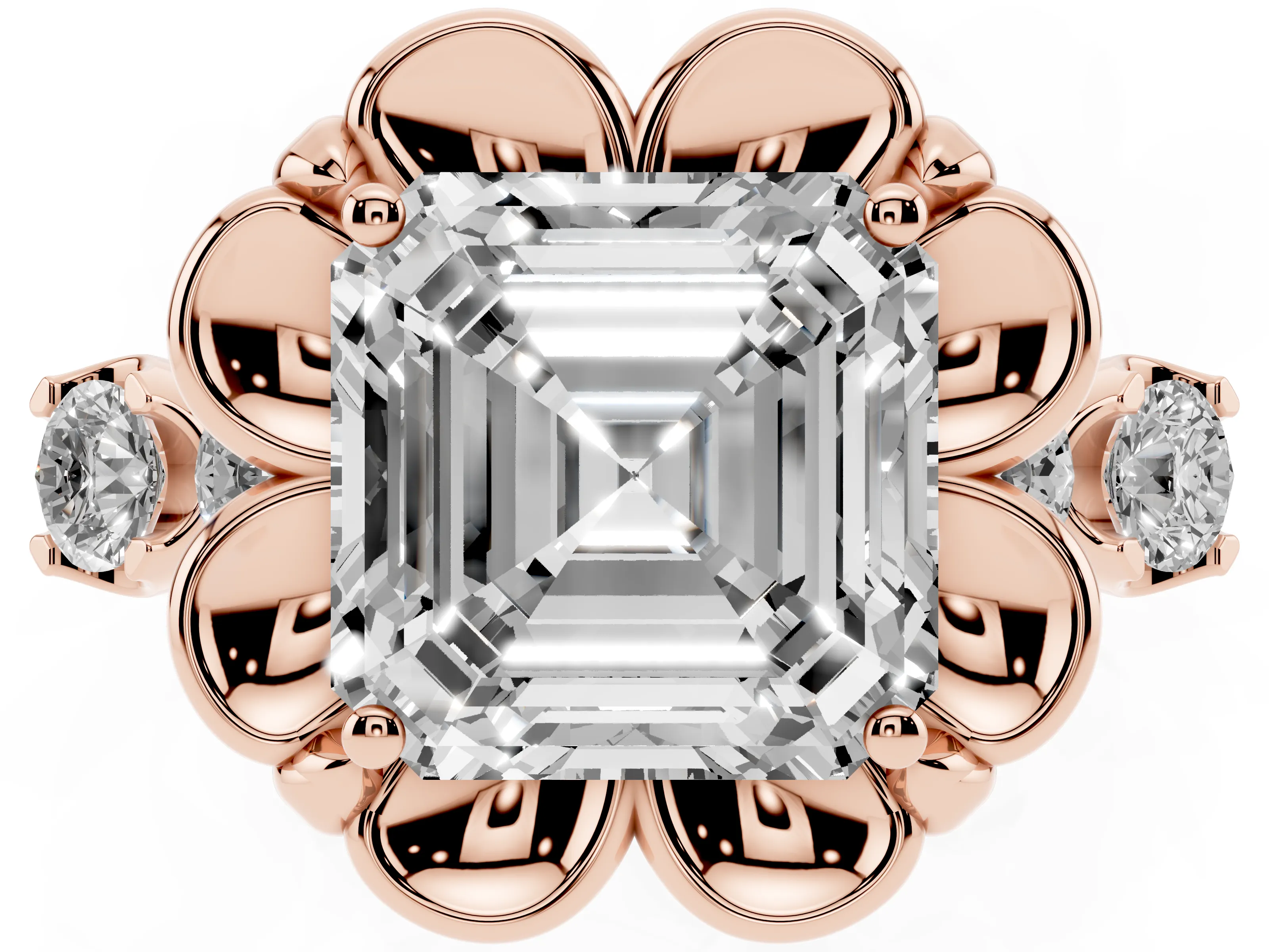 Asscher Cut Diamond Floral Halo Ring Set in Rose gold with Shared Prong Band
