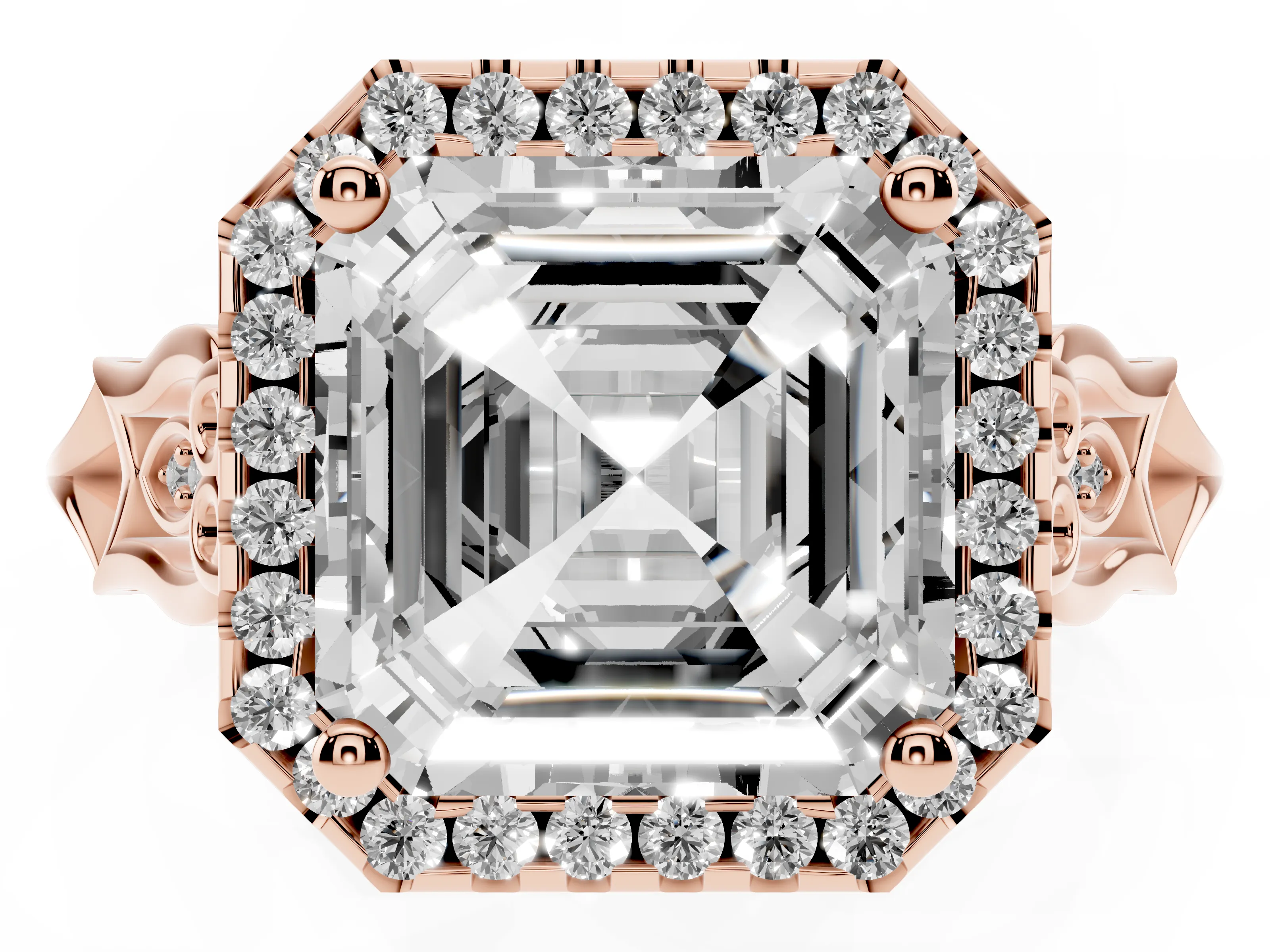 Asscher Cut Diamond Halo Engagement Ring Set in Rose gold with Filigree Band and Prong-Set Center