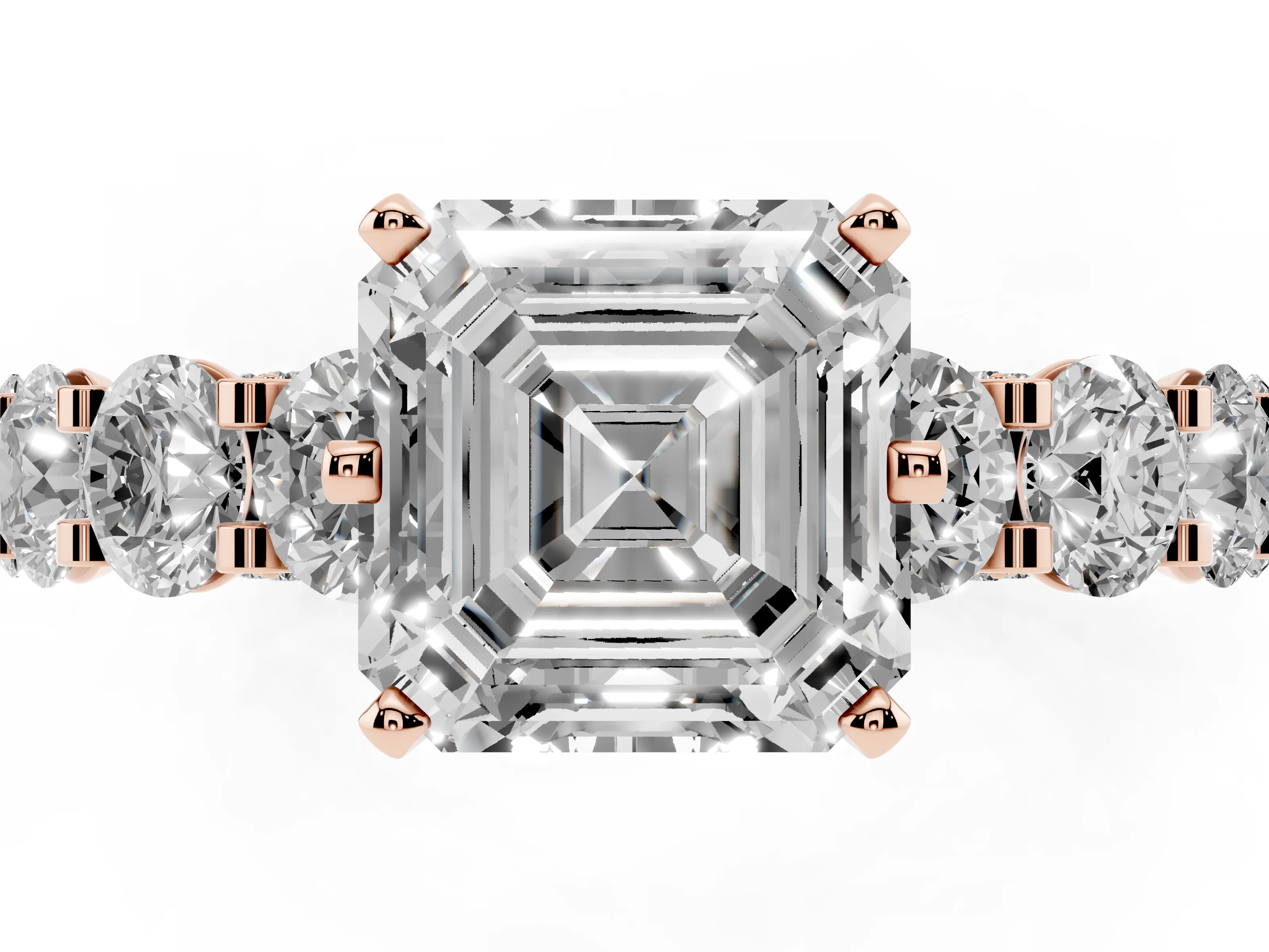 Asscher Cut Diamond Side Stone Ring Set in Rose gold with Alternating Round and Oval Side Stones