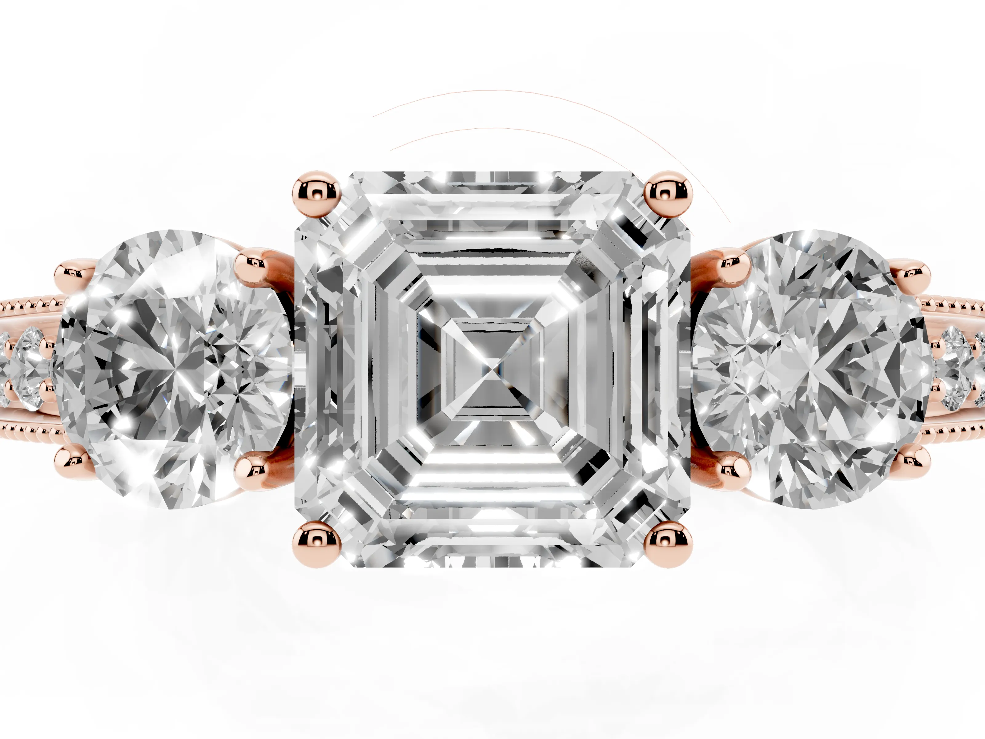 Asscher Cut Diamond Three-Stone Ring Set in Rose gold with Round Side Stones and Pavé Band
