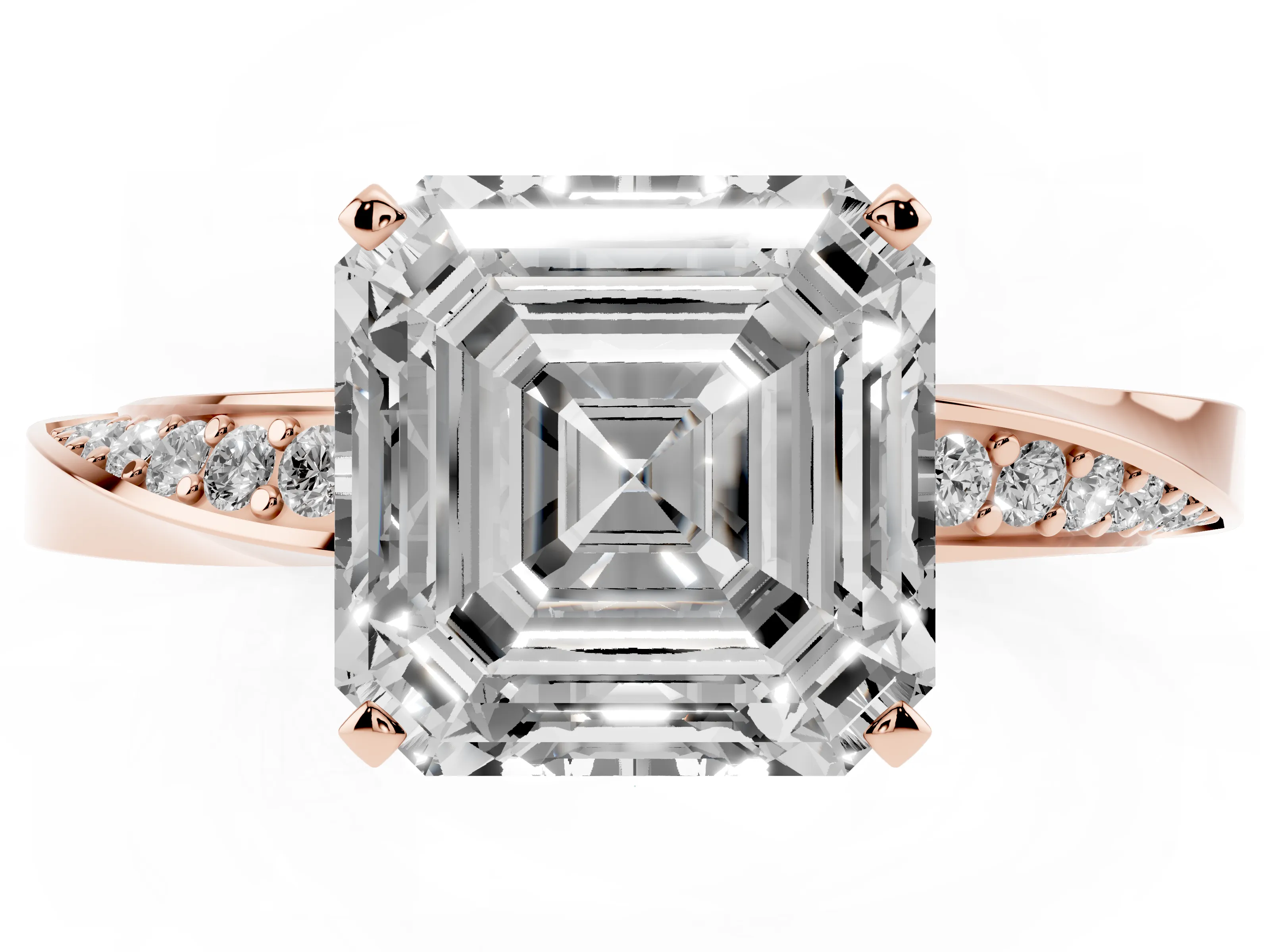 Asscher Cut Diamond Engagement Ring Set in Rose gold with Side Stone Accents and Prong Setting