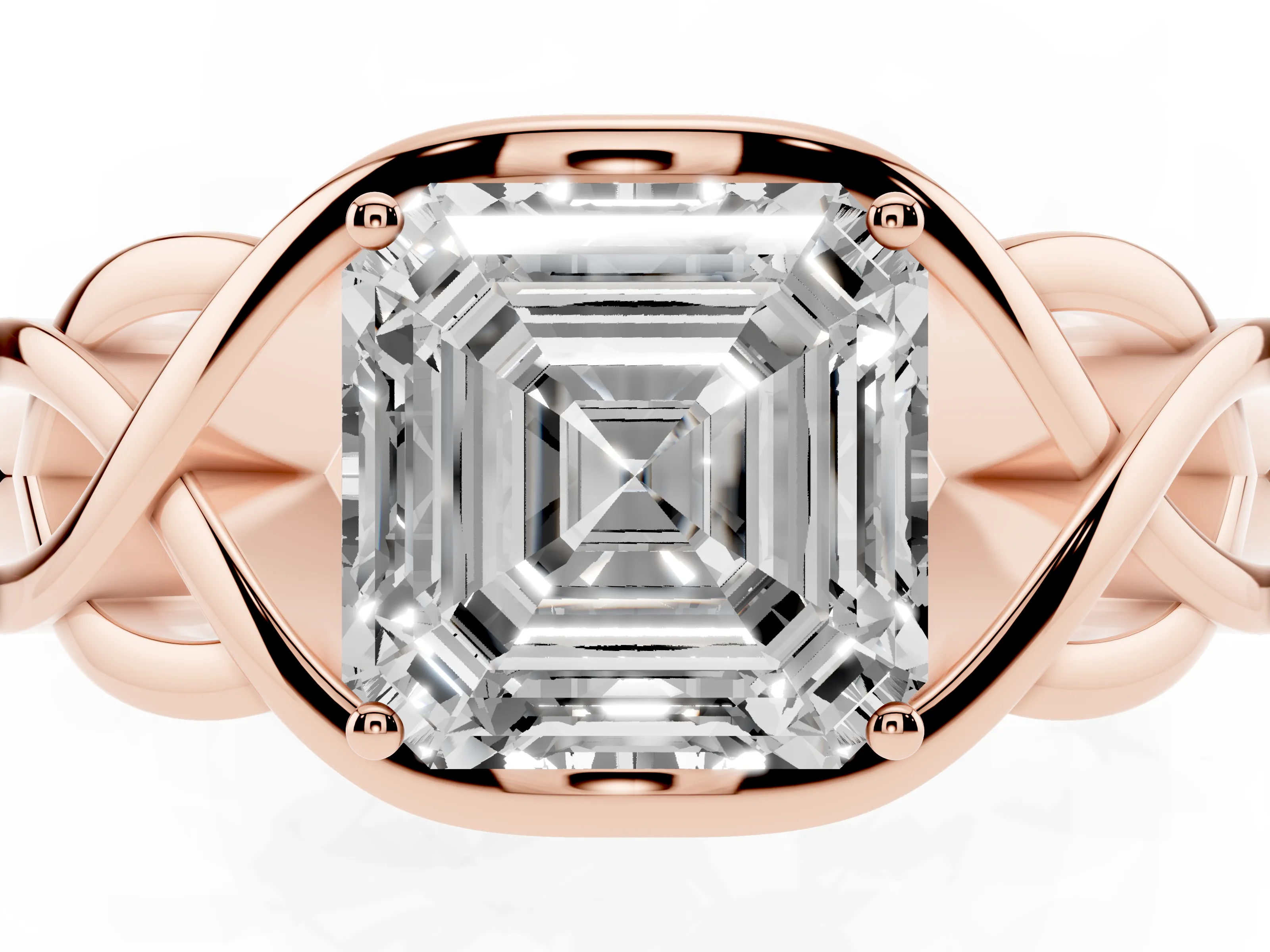 Asscher Cut Diamond Solitaire Ring Set in Rose gold with Intertwined Band