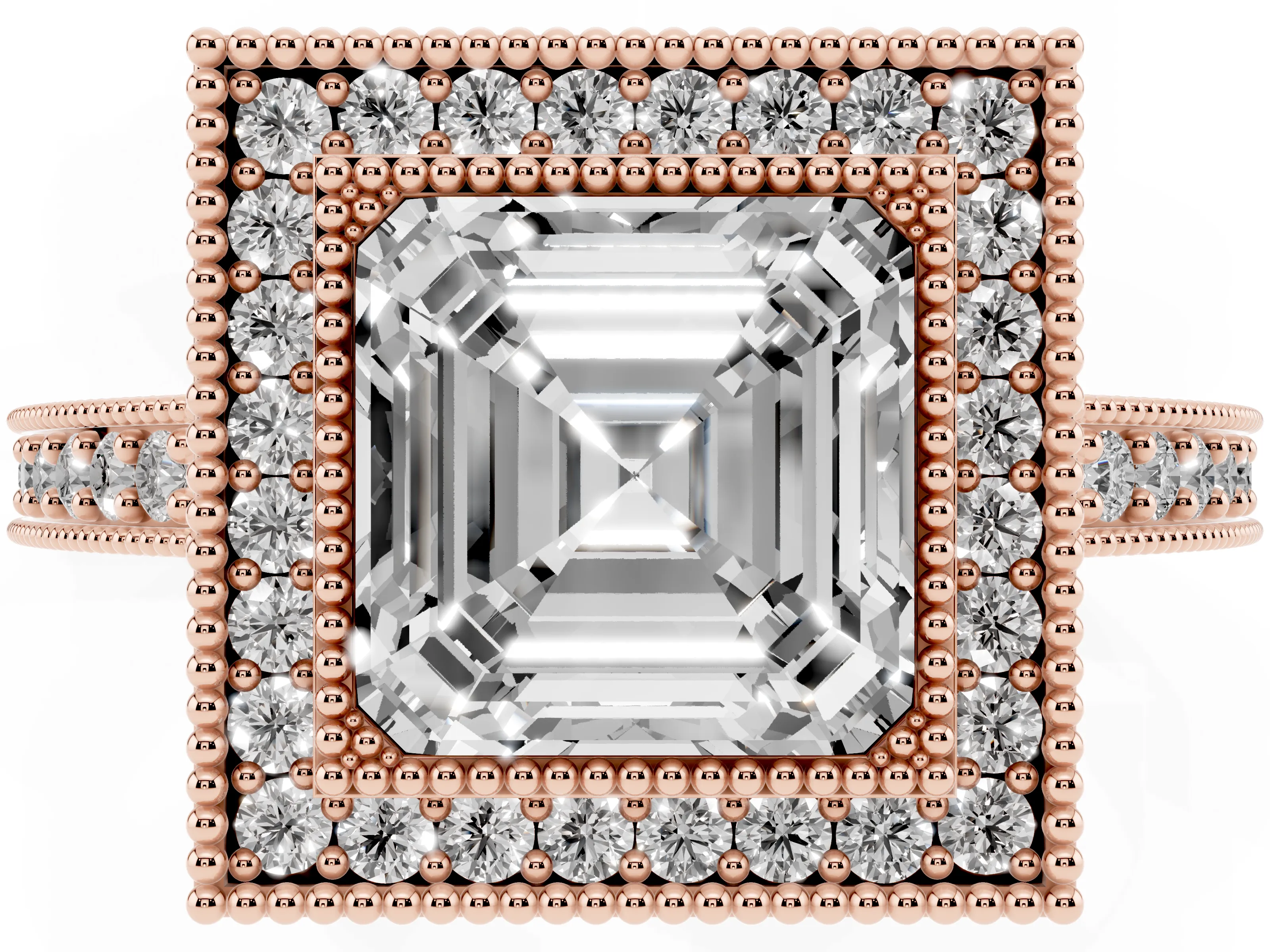 Asscher Cut Diamond Halo Engagement Ring Set in Rose gold with Pavé Band and Round Halo Stones