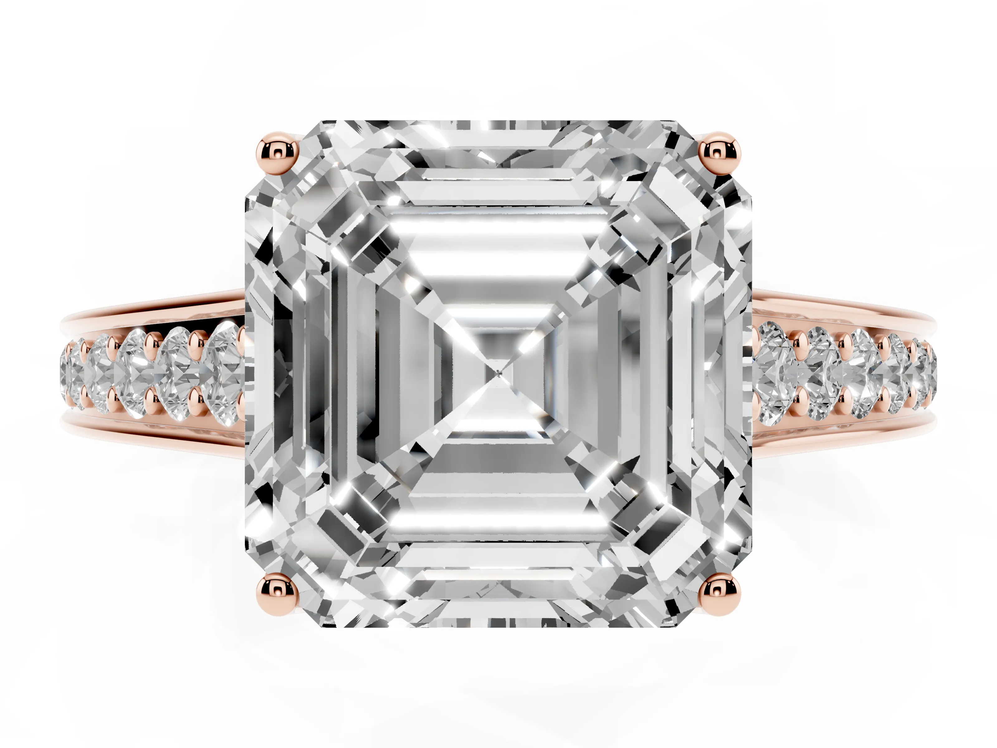 Asscher Cut Diamond Solitaire Pavé Engagement Ring Set in Rose gold with Prong Setting