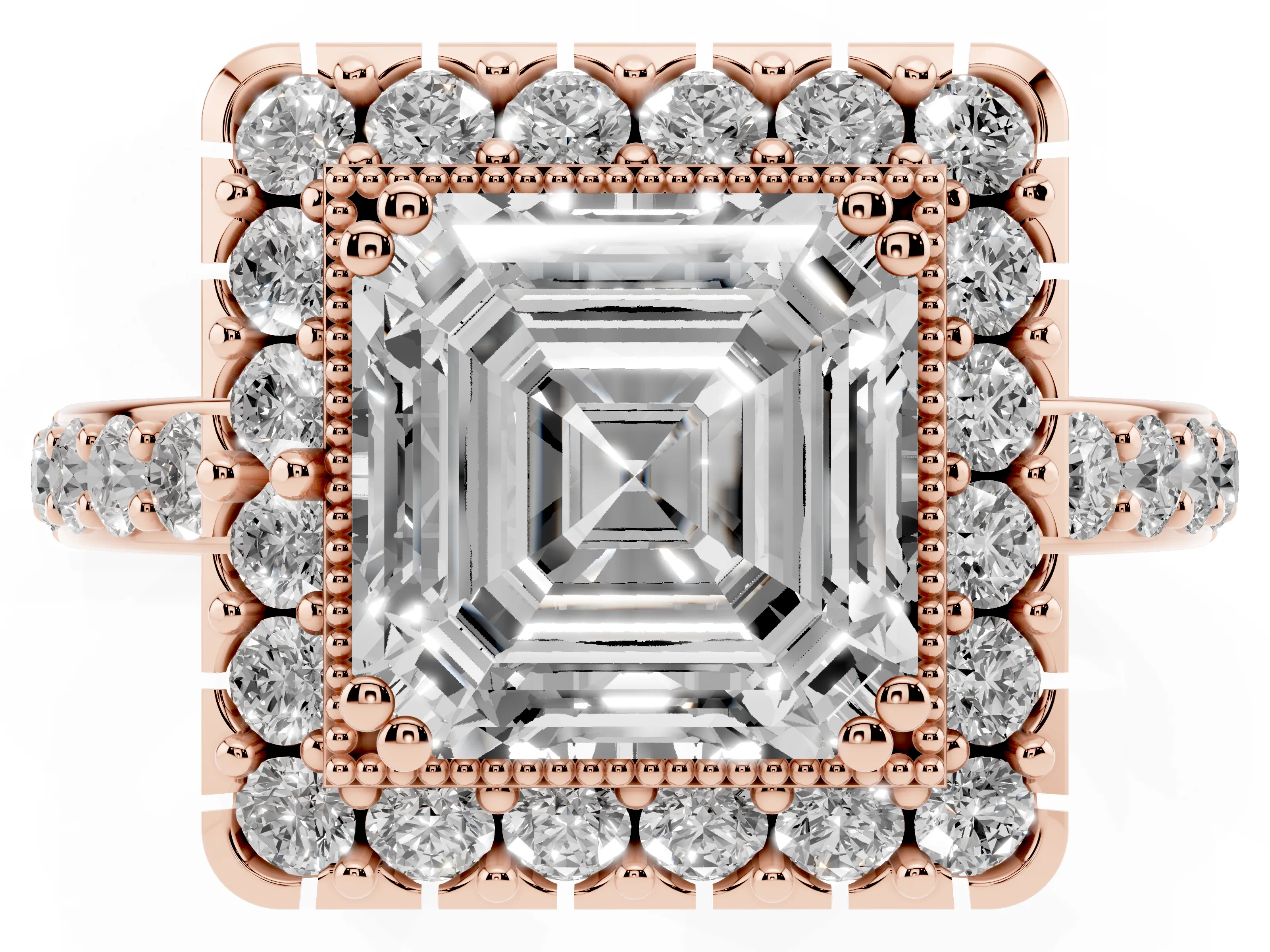 Asscher Cut Diamond Halo Ring Set in Rose gold with Pavé Shank and Prong Setting