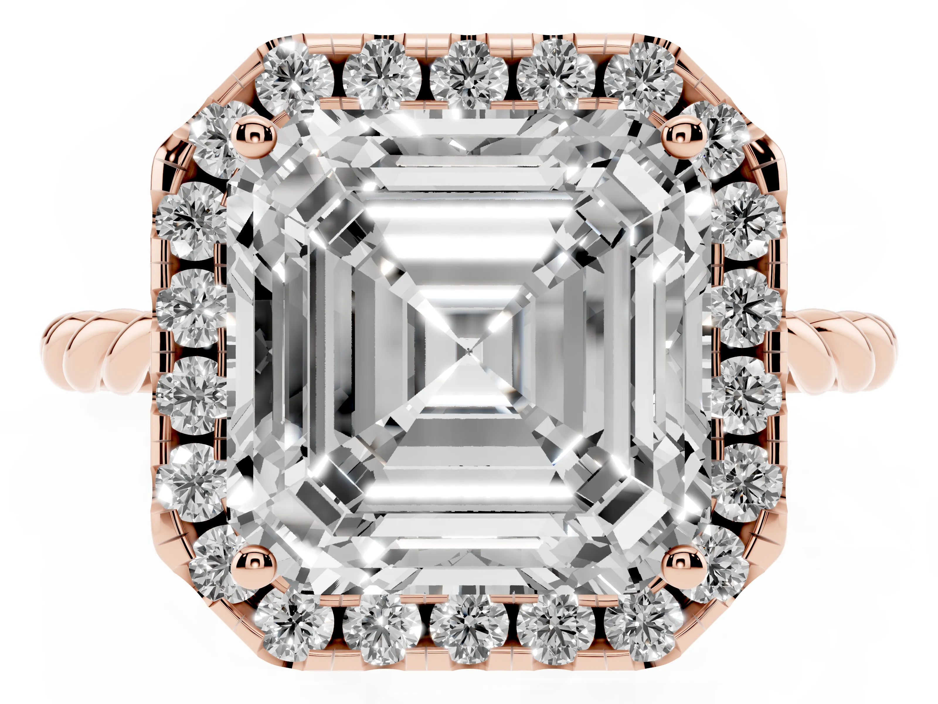 Asscher Cut Diamond Halo Ring Set in Rose gold with Plain Twisted Band