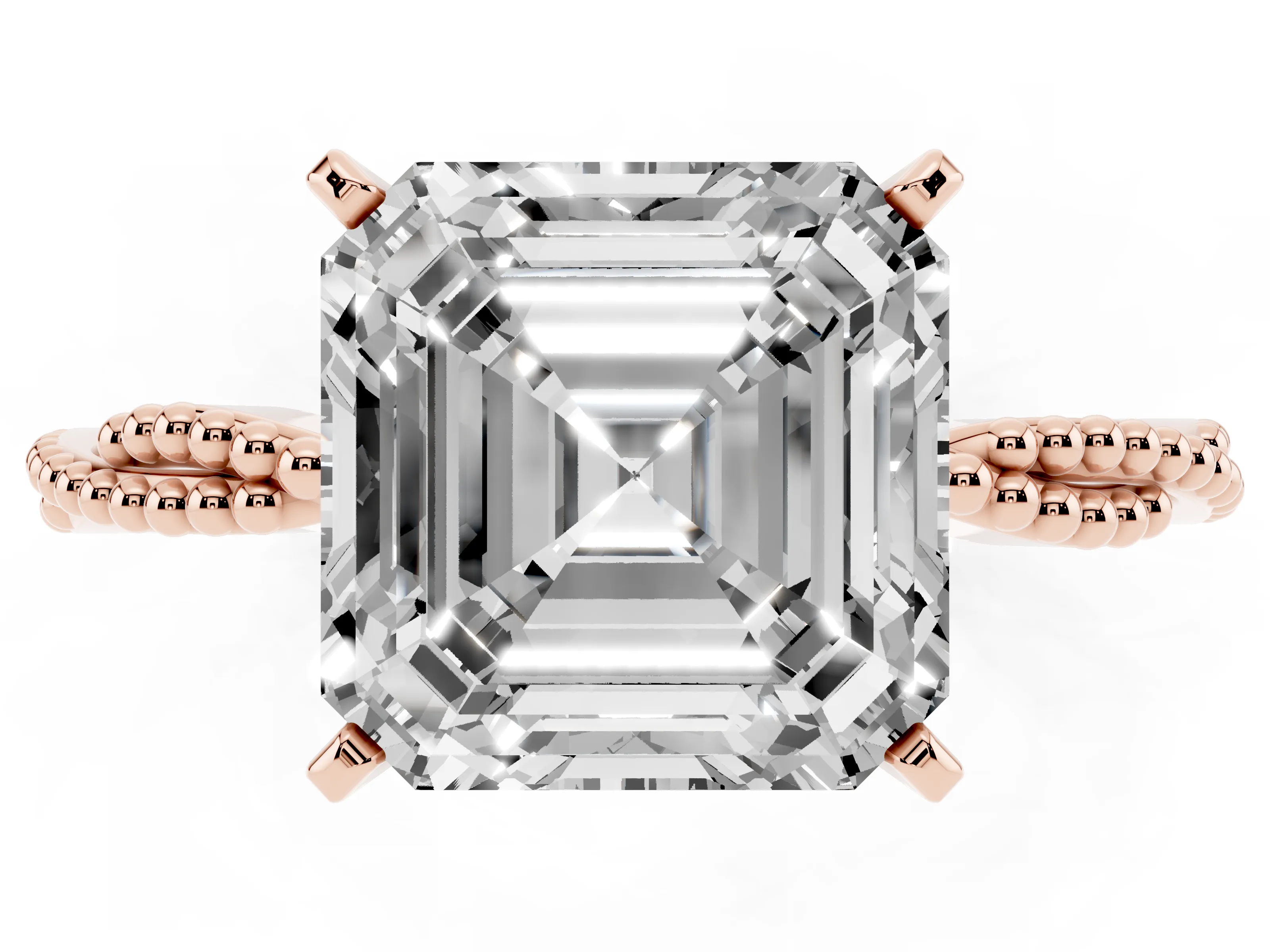 Asscher Cut Diamond Solitaire Ring Set in Rose gold with Twisted Band and Bead Prong Setting