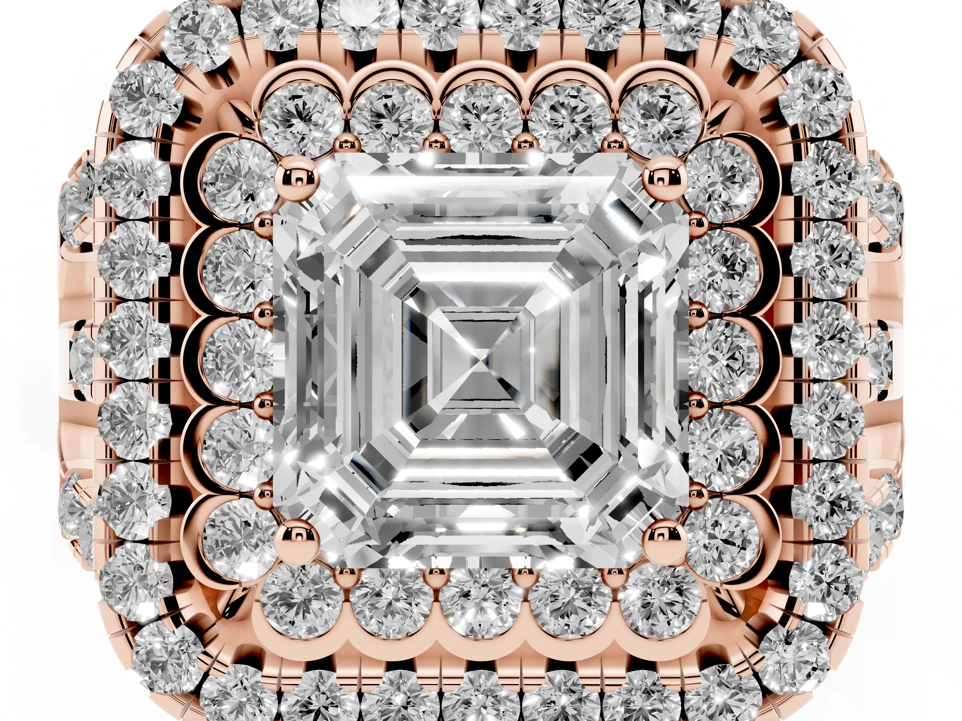Asscher Cut Diamond Double Halo Ring Set in Rose gold with Round Pavé Split Shank