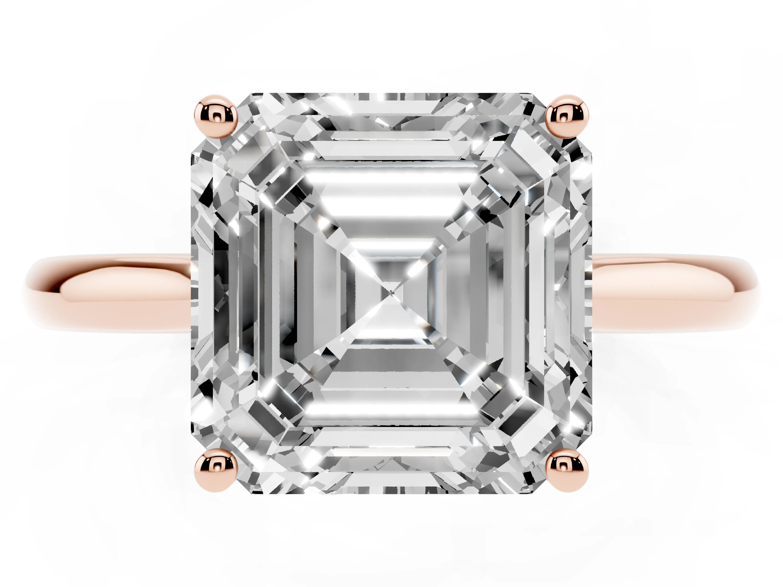 Asscher Cut Diamond Solitaire Ring Set in Rose gold with Cathedral Band and Prong Setting