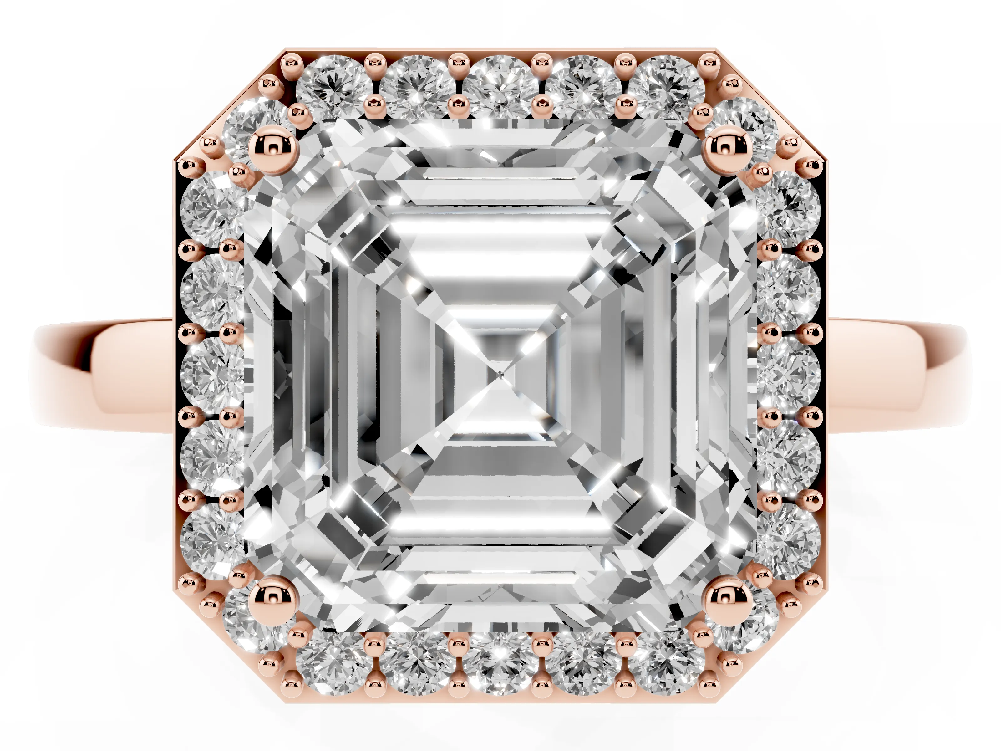 Asscher Cut Diamond Halo Ring Set in Rose gold with Solitaire Band and Prong Setting