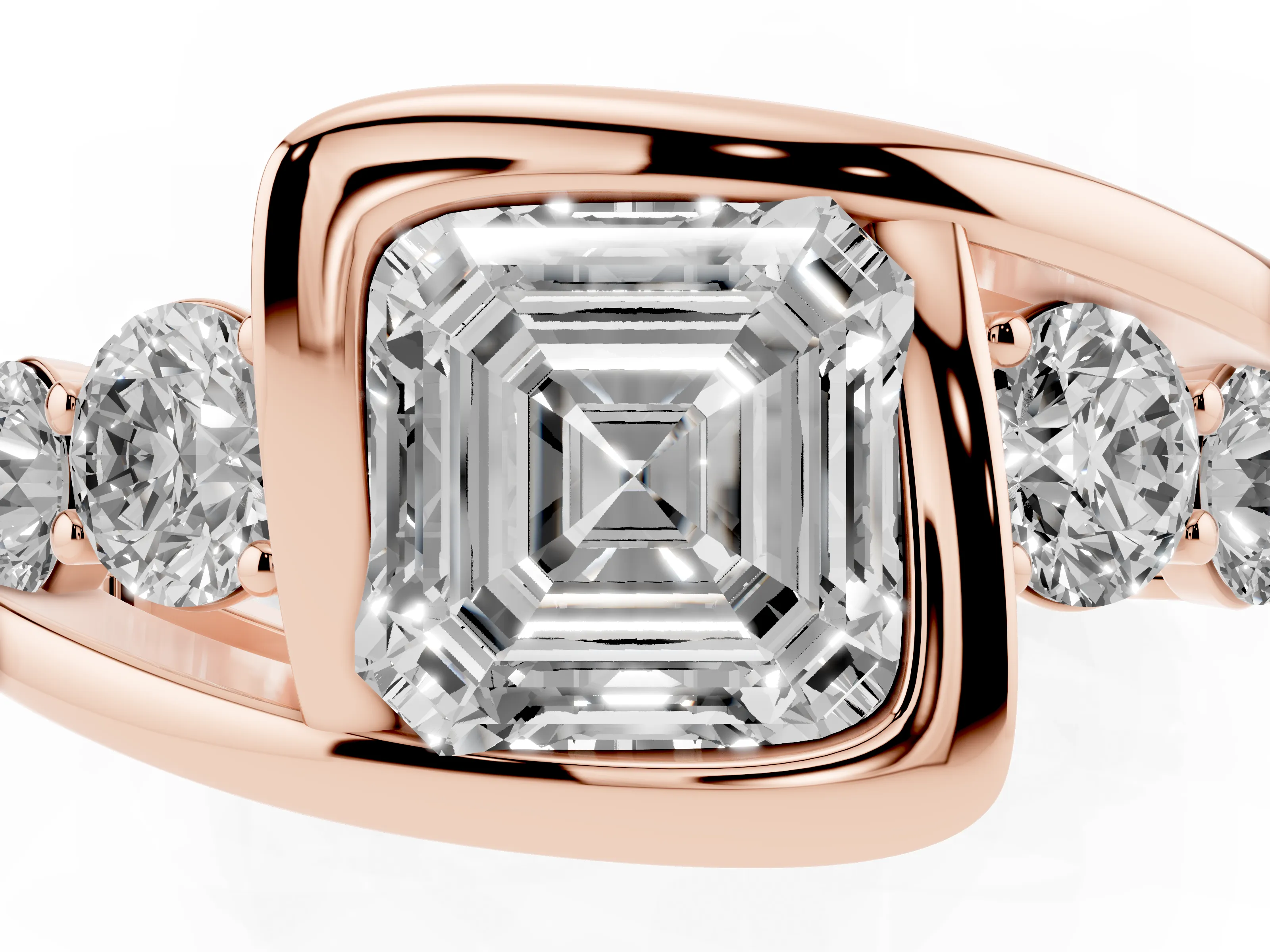 Asscher Cut Diamond Bezel Bypass Ring Set in Rose gold with Round Accents