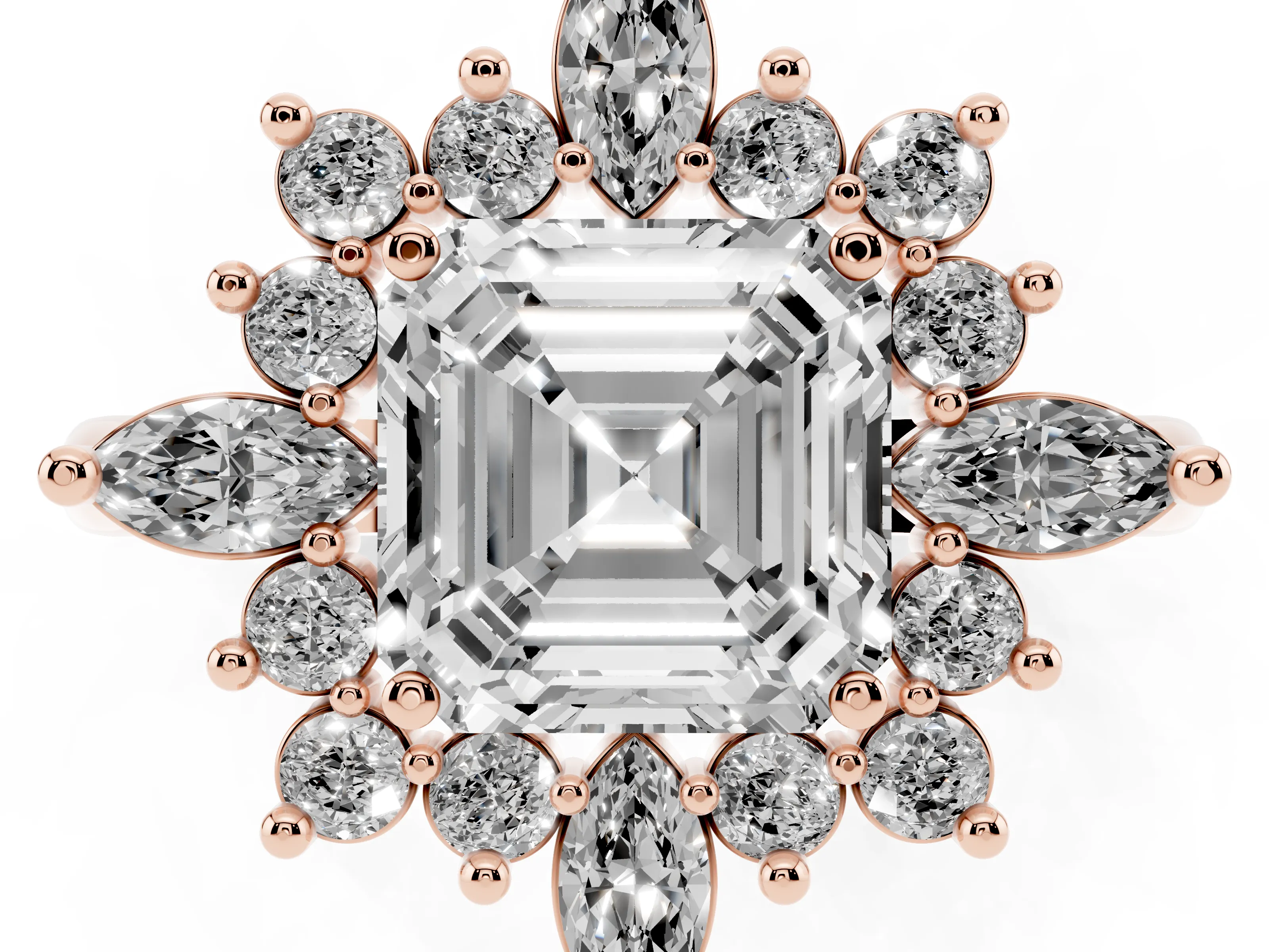Asscher Cut Diamond Cluster Halo Ring Set in Rose gold with Marquise and Round Accents