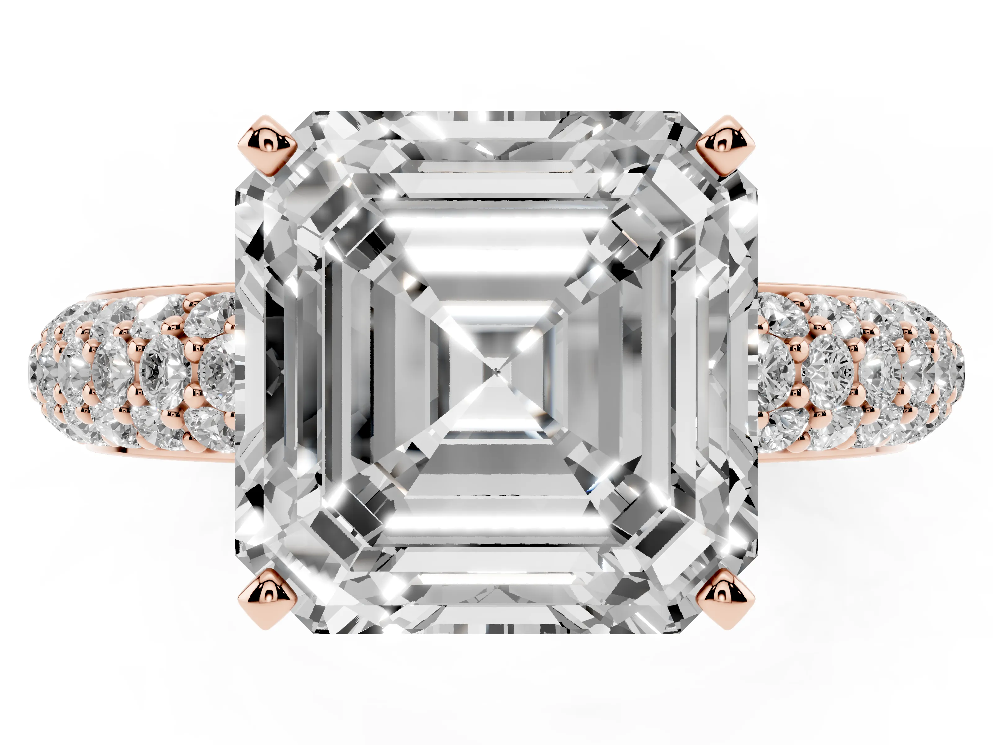 Asscher Cut Diamond Solitaire Ring Set in Rose gold with Prong Setting and Pavé-Set Band