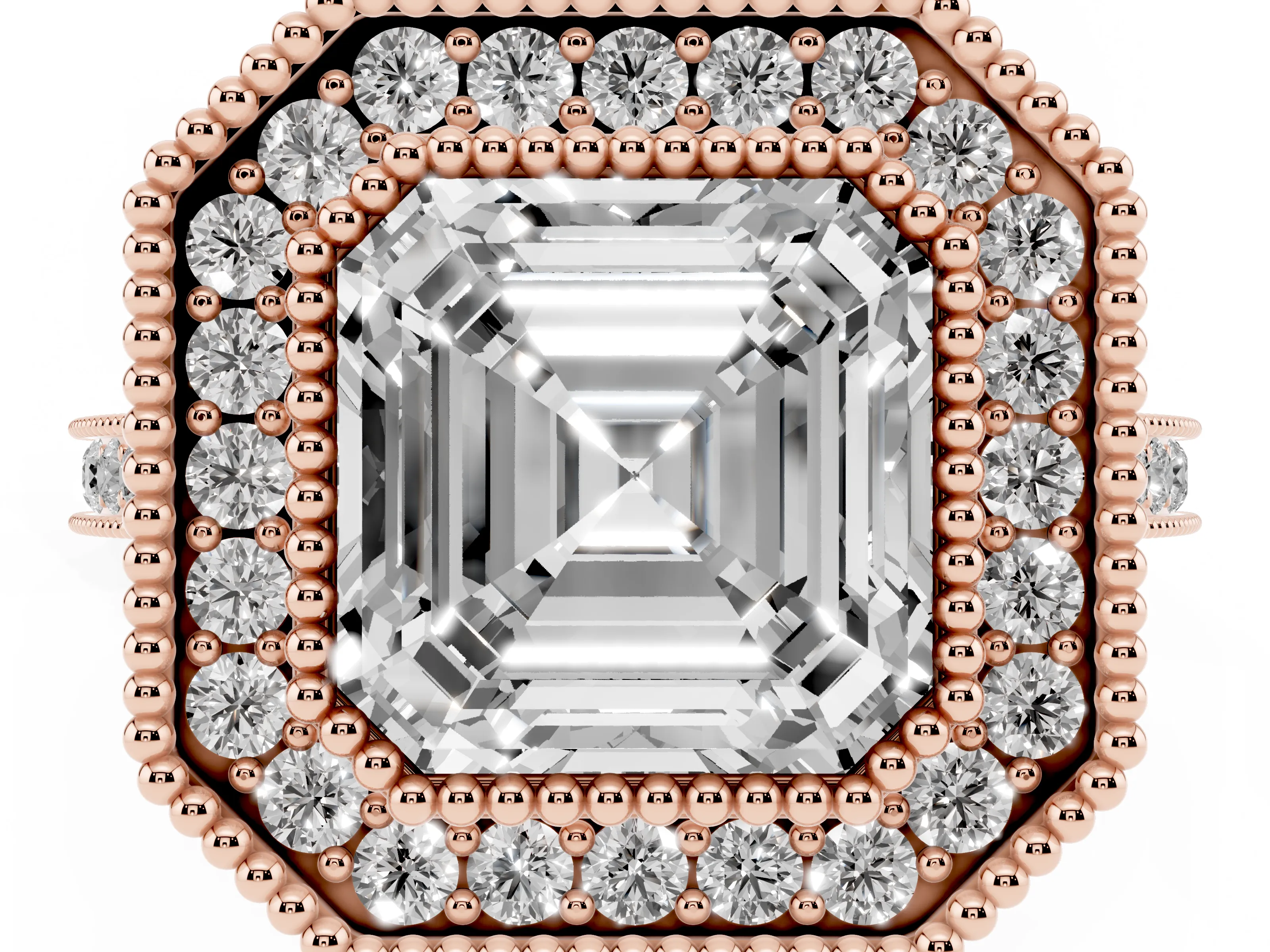 Asscher Cut Diamond Halo Ring Set in Rose gold with Milgrain Frame and Pavé Band