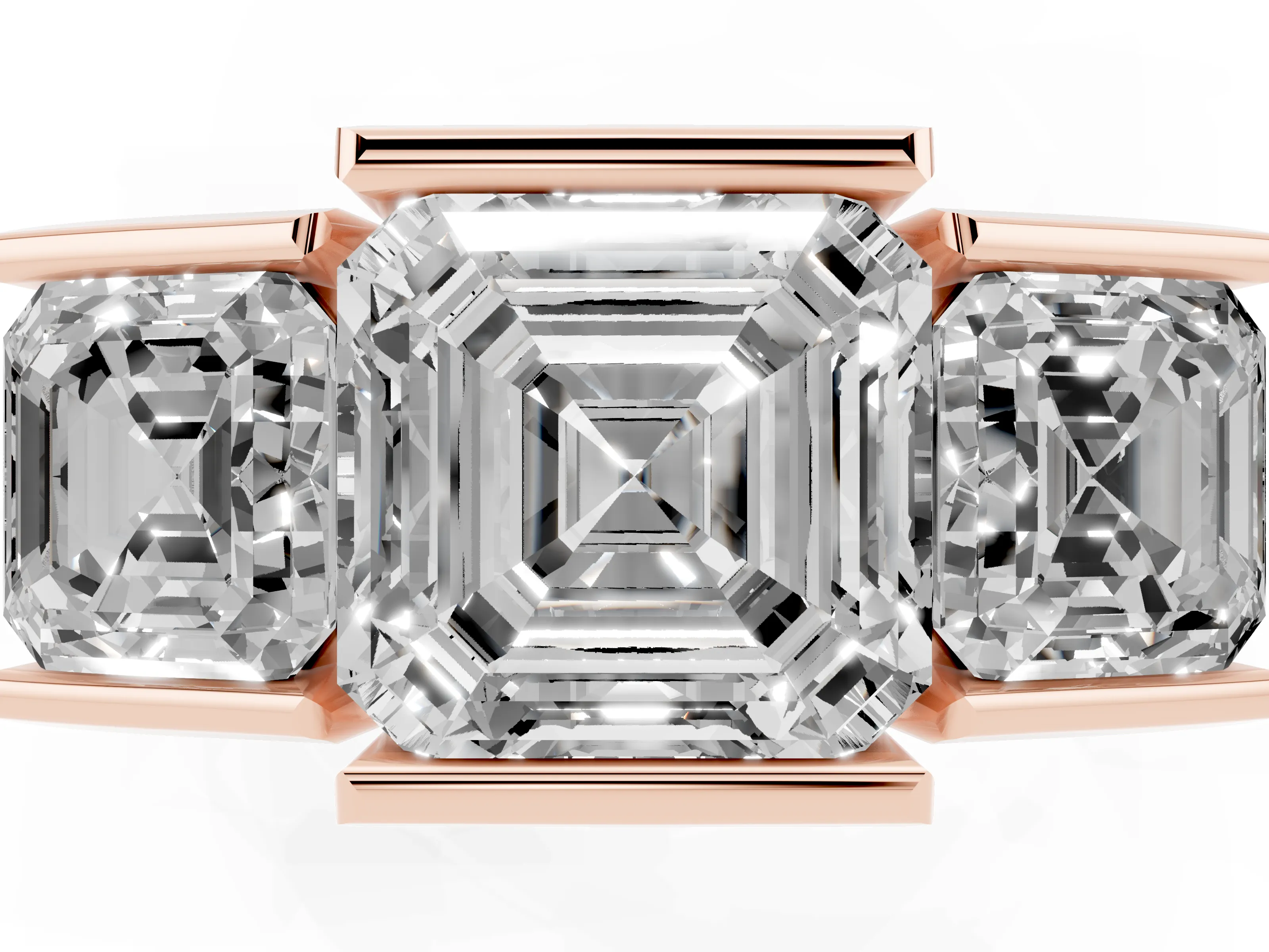 Asscher Cut Diamond Three-Stone Channel Set Ring Set in Rose gold with Smooth Polished Band