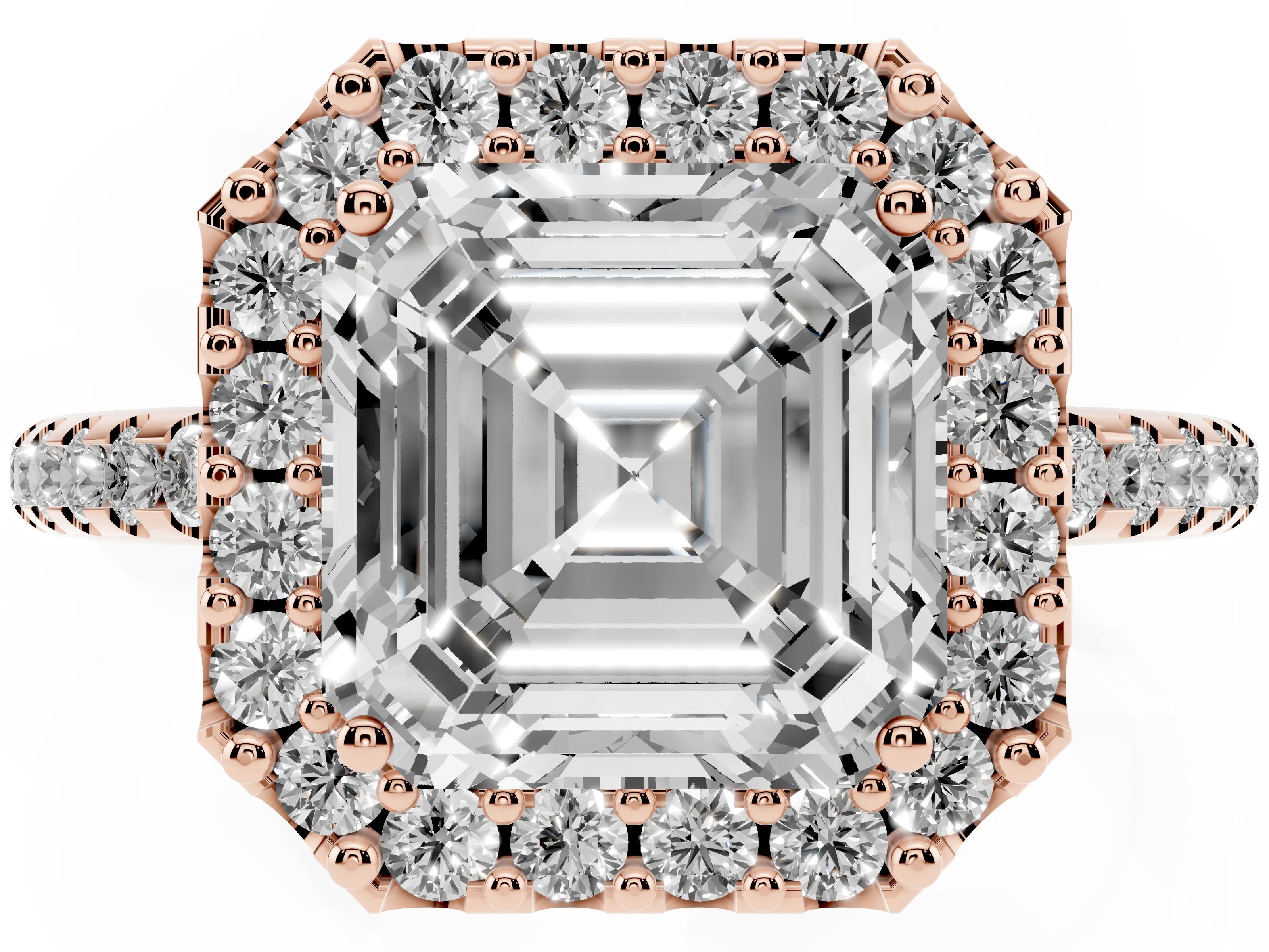 Asscher Cut Diamond Pavé Halo Ring Set in Rose gold with Prong Setting