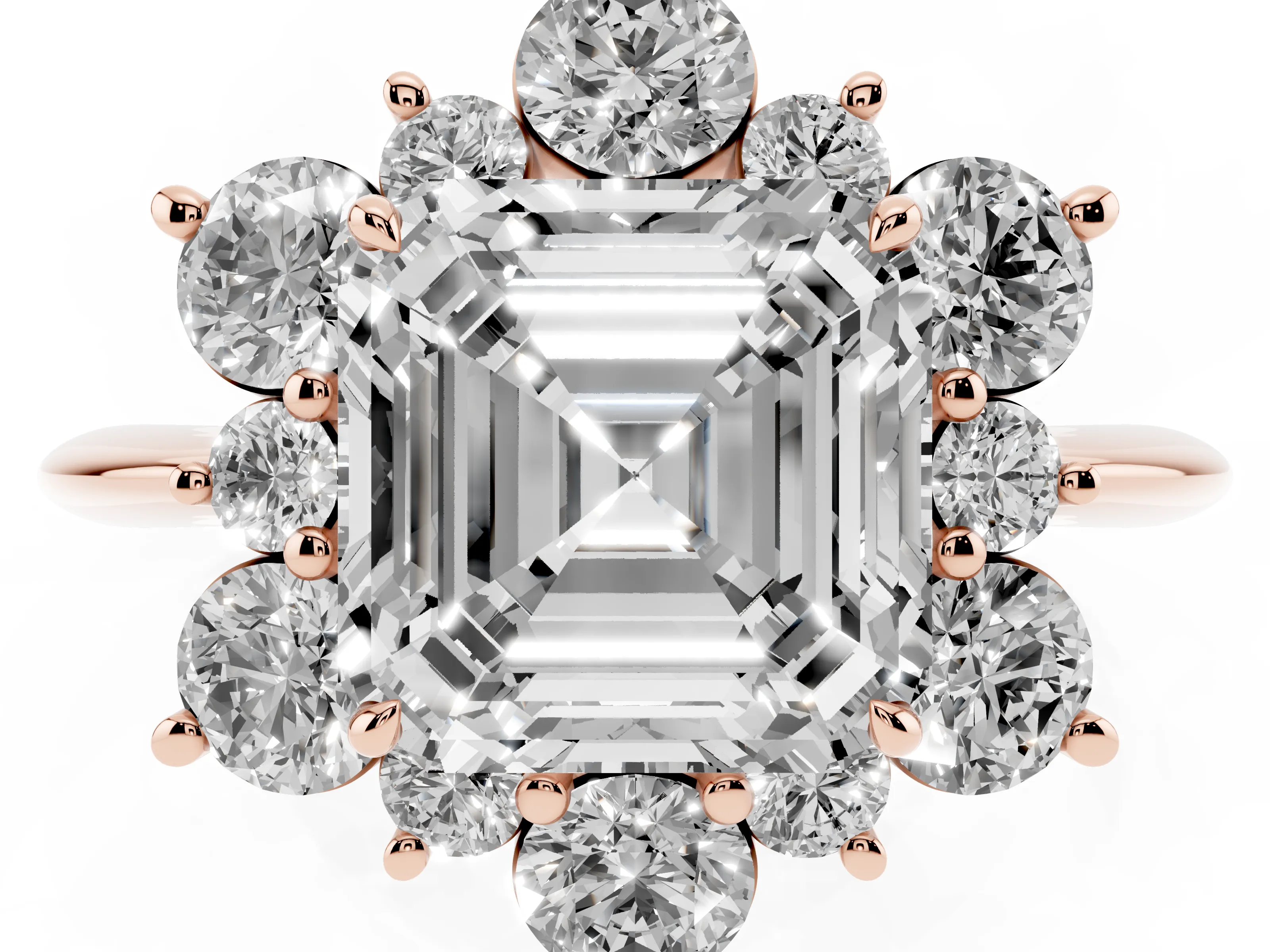 Asscher Cut Diamond Cluster Halo Ring Set in Rose gold with Solitaire Band and Prong Setting