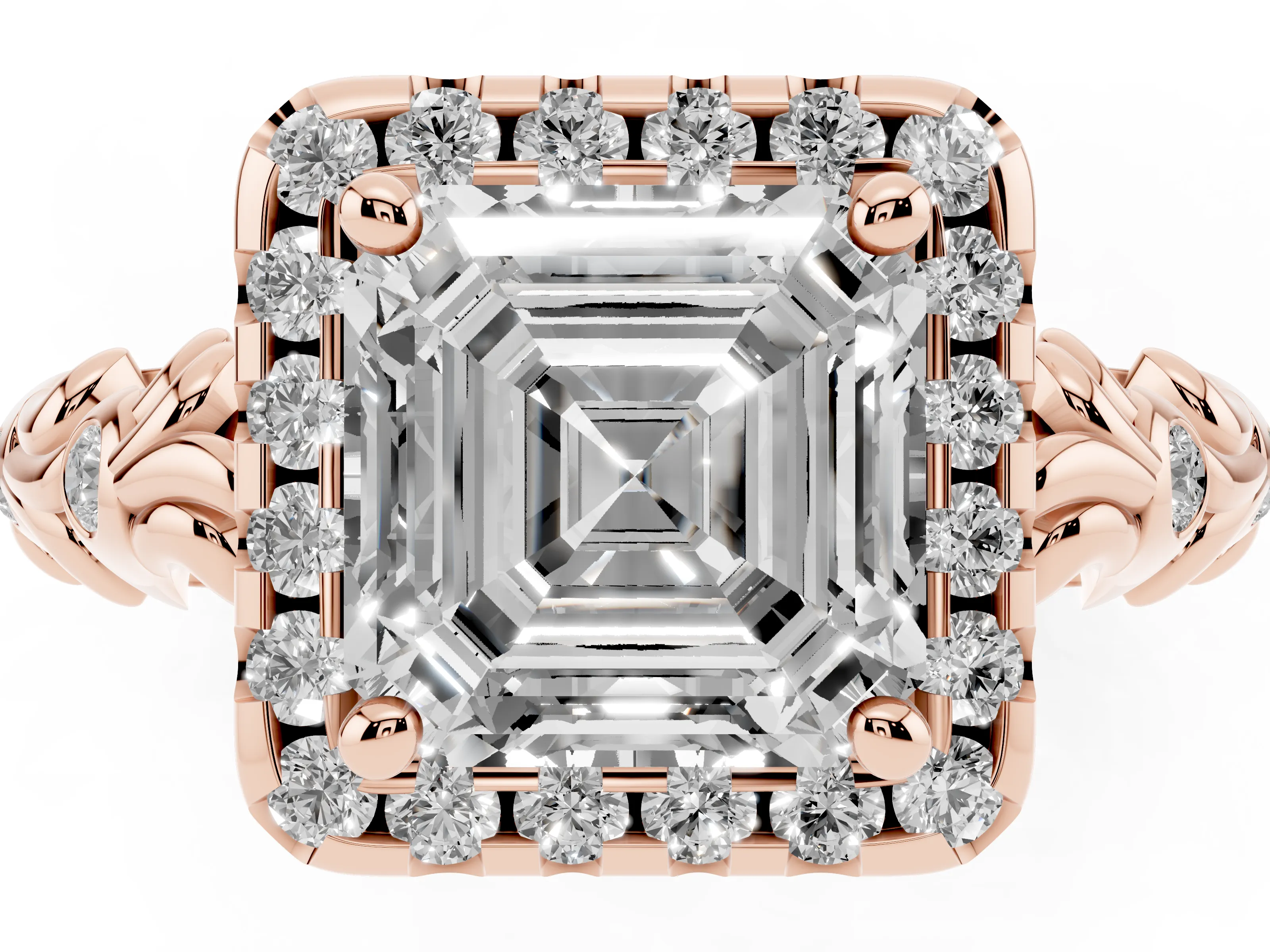 Asscher Cut Diamond Halo Ring Set in Rose gold with Filigree Leaf Band and Prong Setting