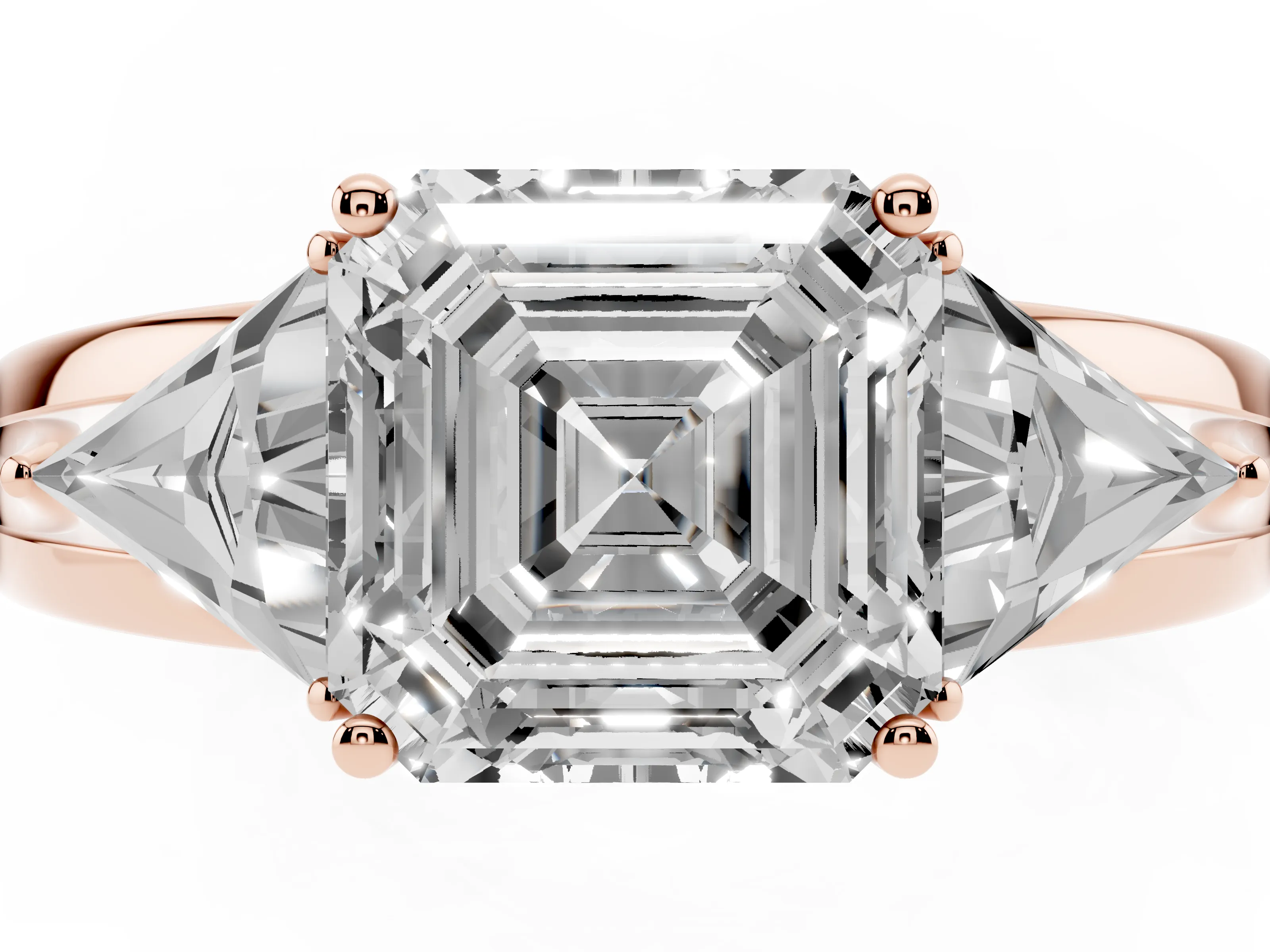Asscher Cut Diamond Three-Stone Ring Set in Rose gold with Trillion Side Stones and Split Shank