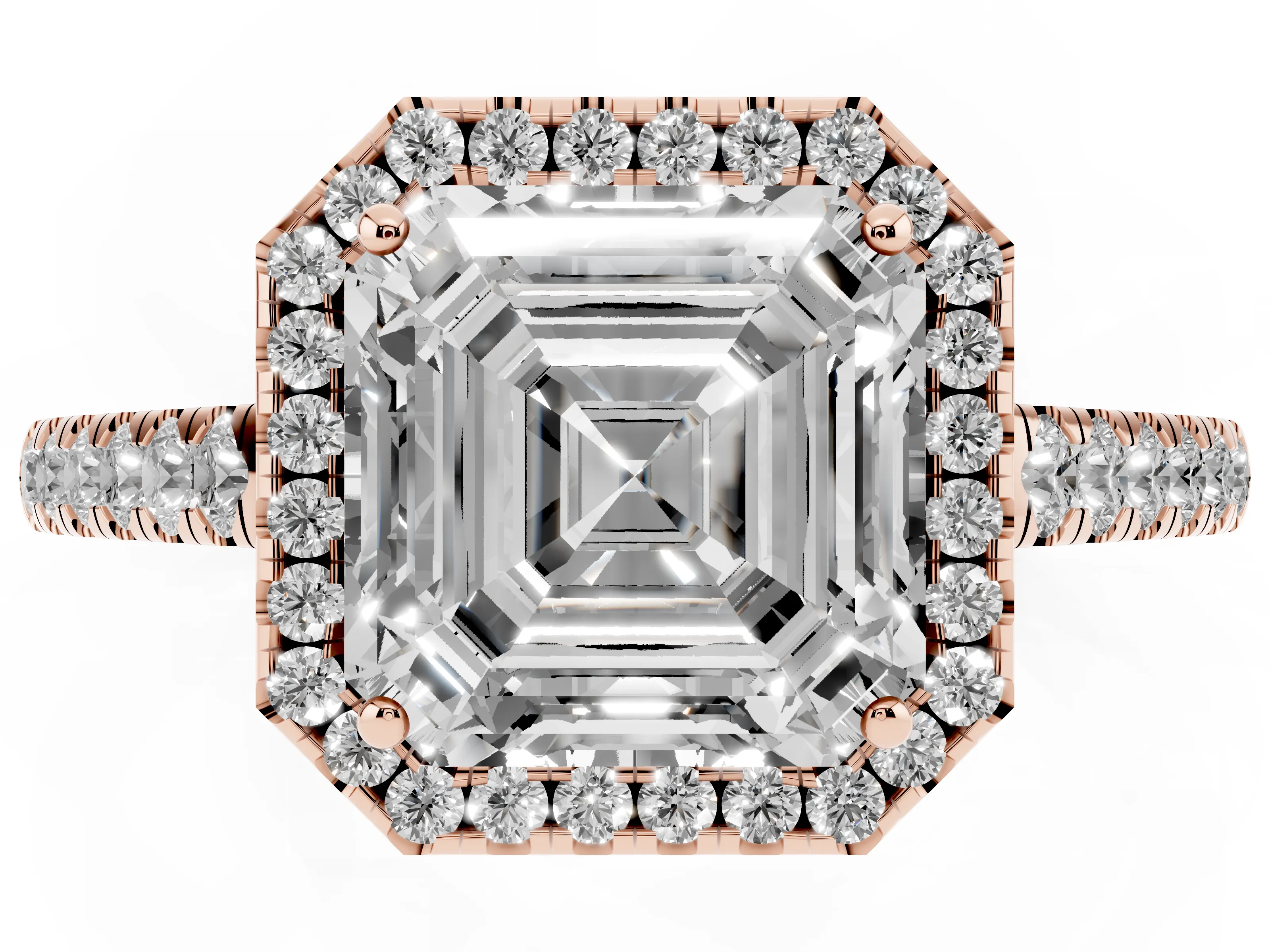 Asscher Cut Diamond Halo Pavé Engagement Ring Set in Rose gold with Prong Setting