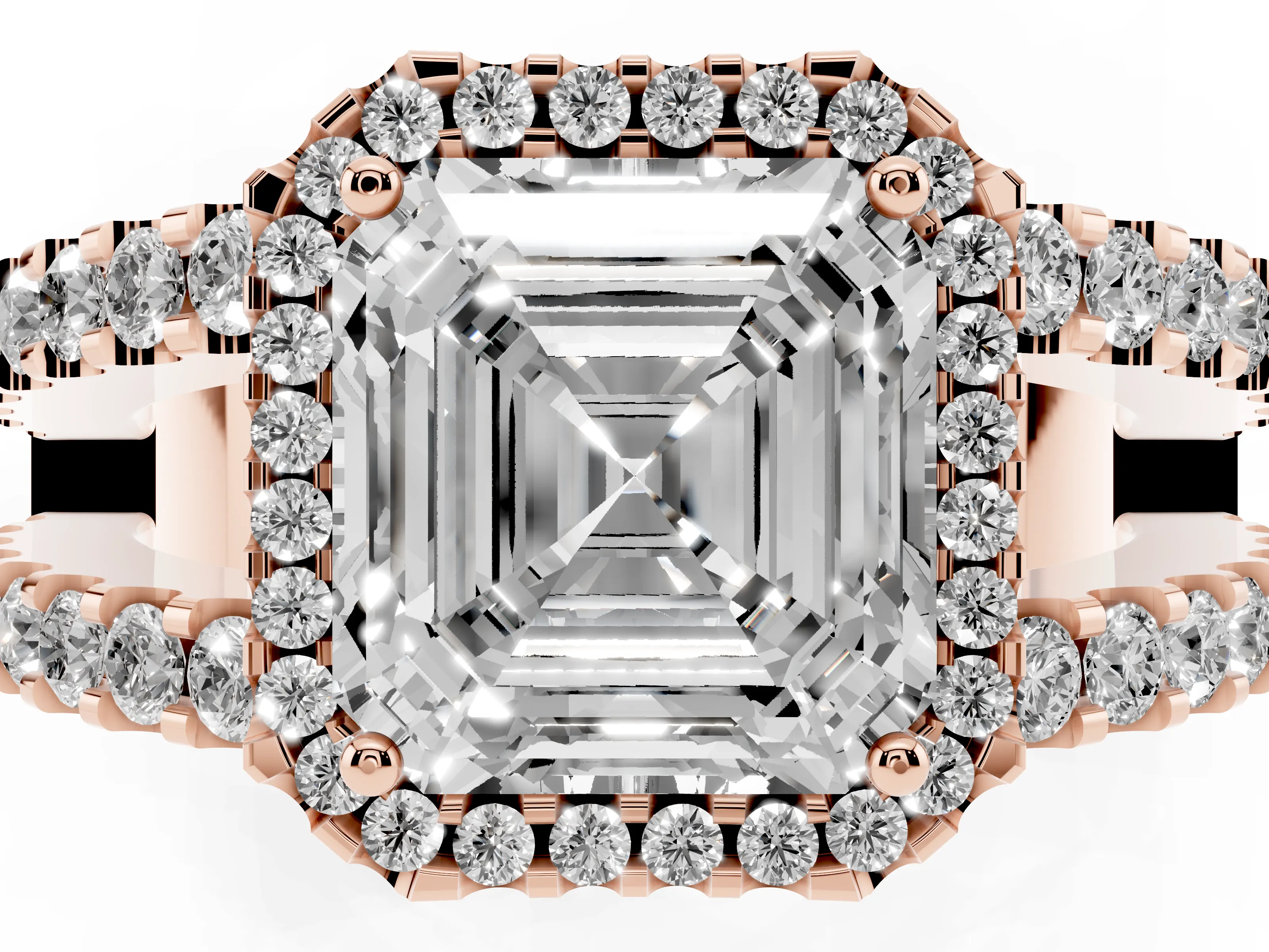 Asscher Cut Diamond Halo Ring Set in Rose gold with Pavé Split Shank and Prong Setting