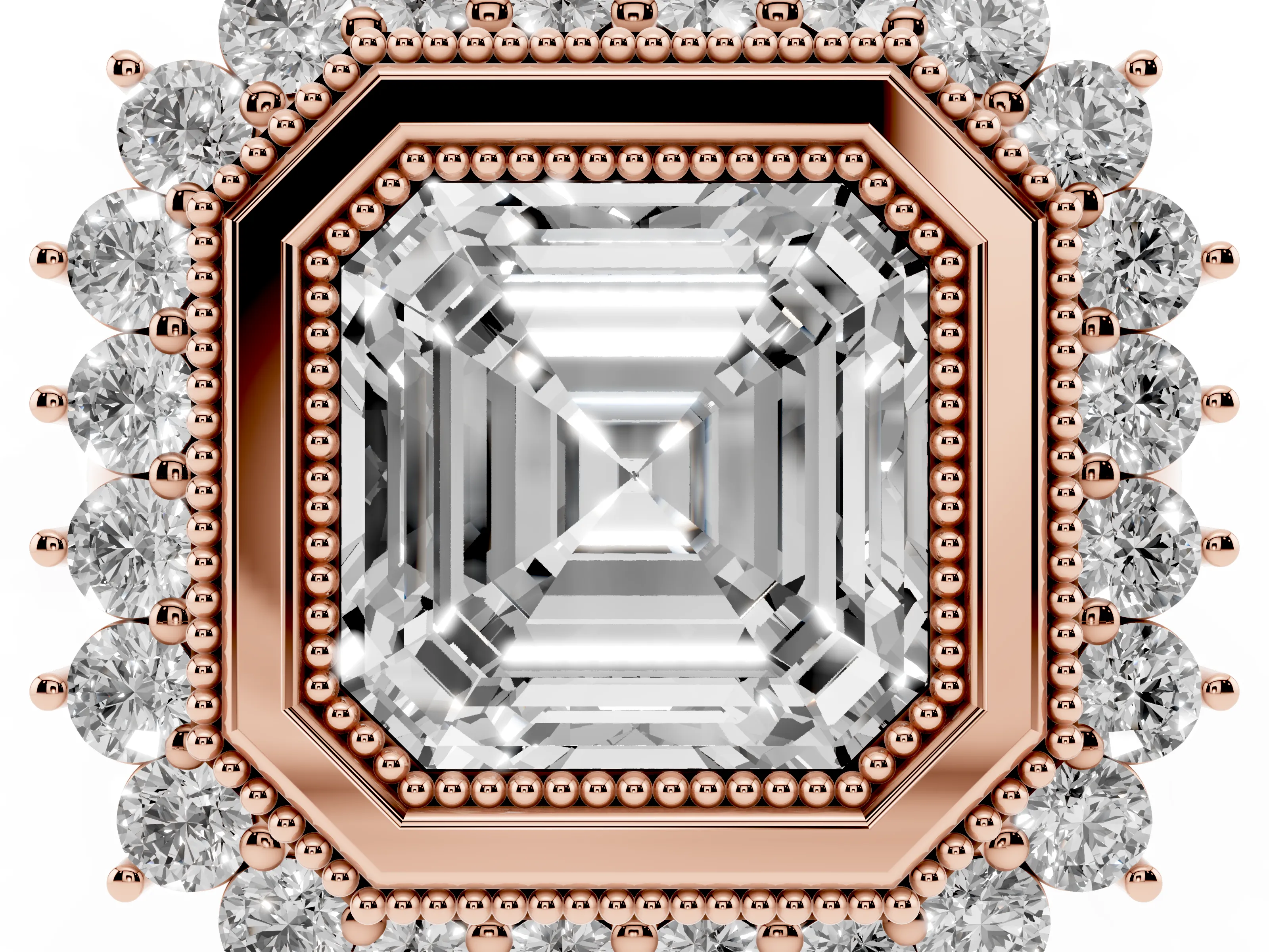 Asscher Cut Diamond Halo Ring Set in Rose gold with Milgrain Edge and Round Prong Setting