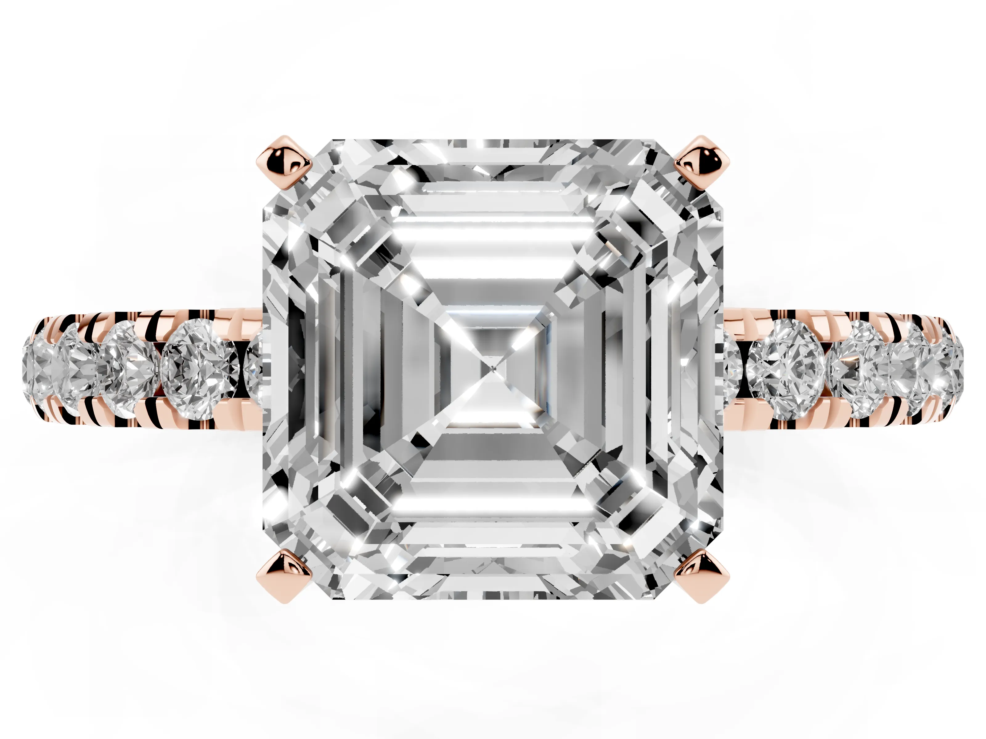 Asscher Cut Diamond Solitaire Ring Set in Rose gold with Pavé Accents and Prong Setting