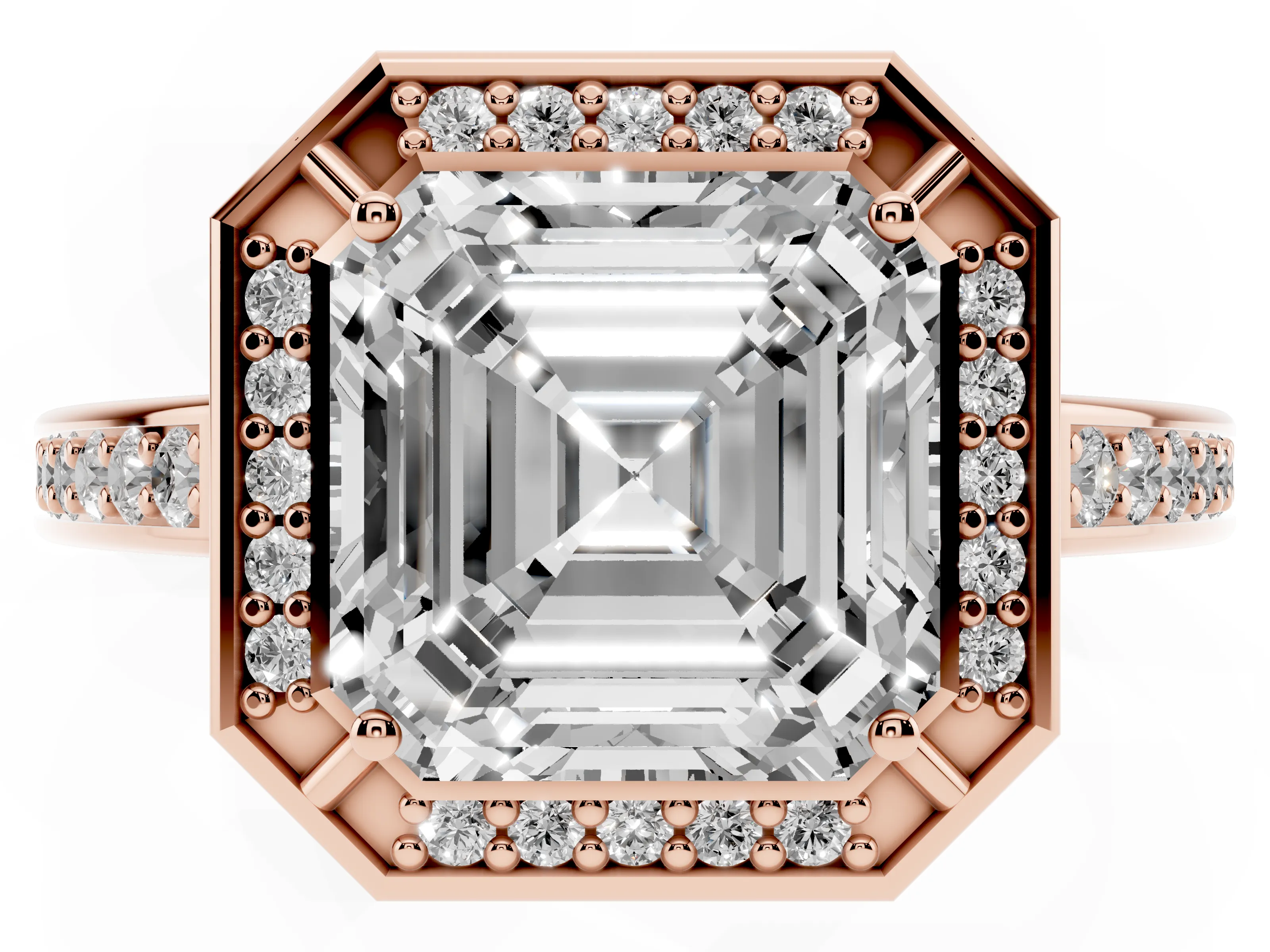 Asscher Cut Diamond Halo Pavé Split Shank Ring Set in Rose gold with Prong Setting