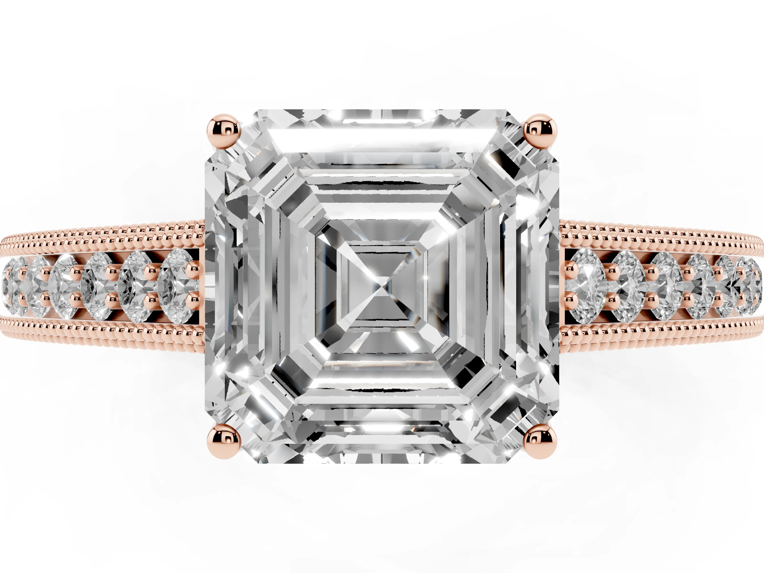 Asscher Cut Diamond Milgrain Pavé Band Solitaire Ring Set in Rose gold with Prong Setting