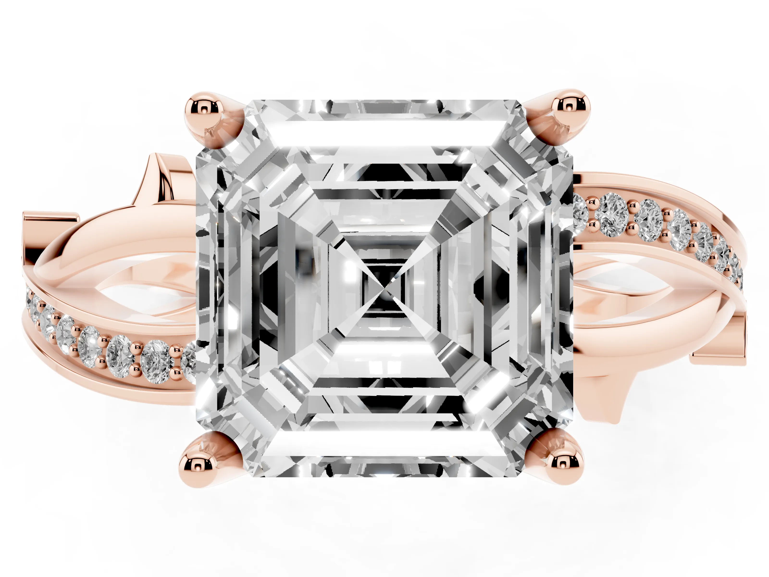 Asscher Cut Diamond Pavé Twist Band Solitaire Ring Set in Rose gold with Prong Setting