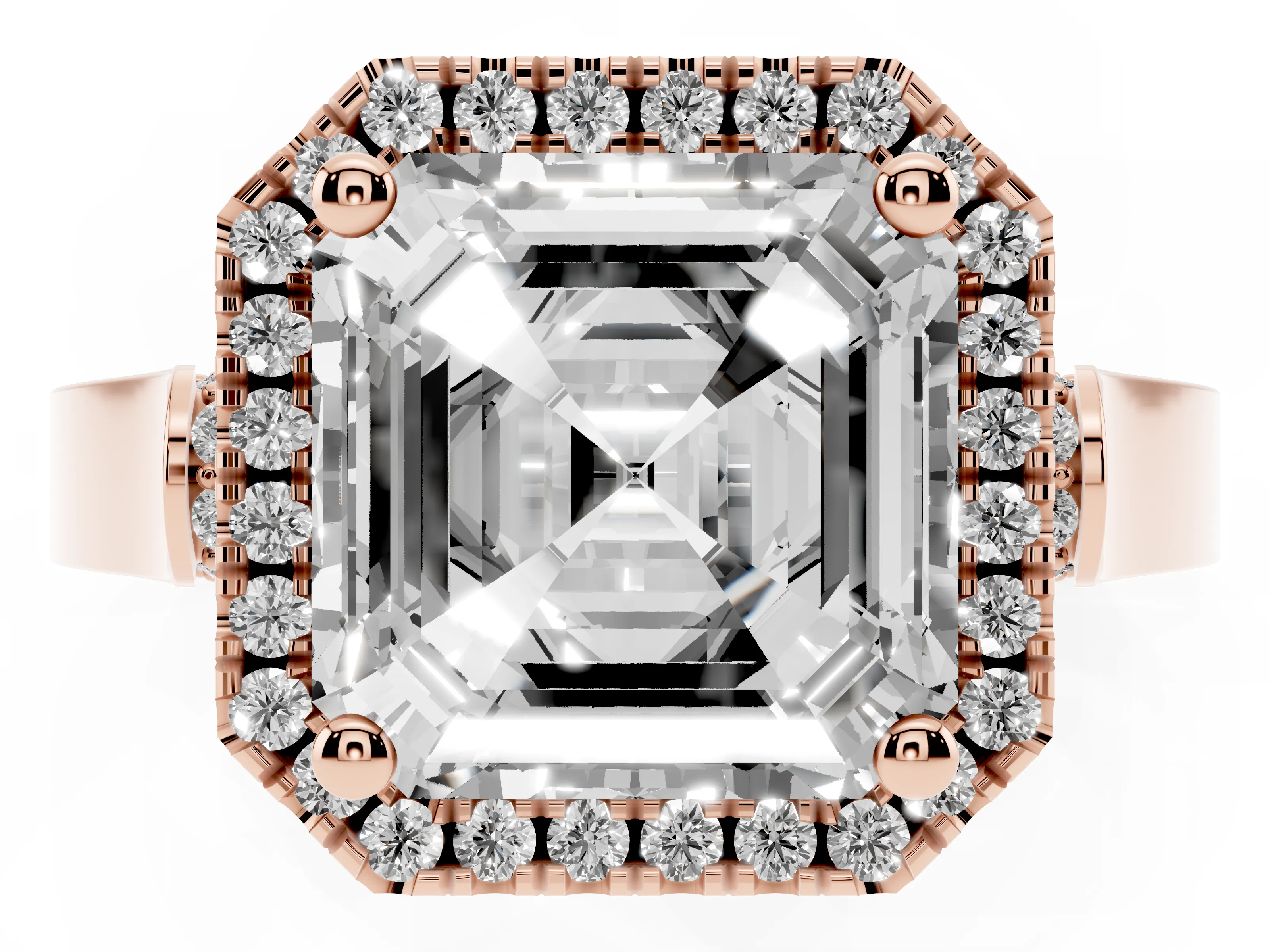Asscher Cut Diamond Halo Ring Set in Rose gold with Pavé-Lined Split Shank Band