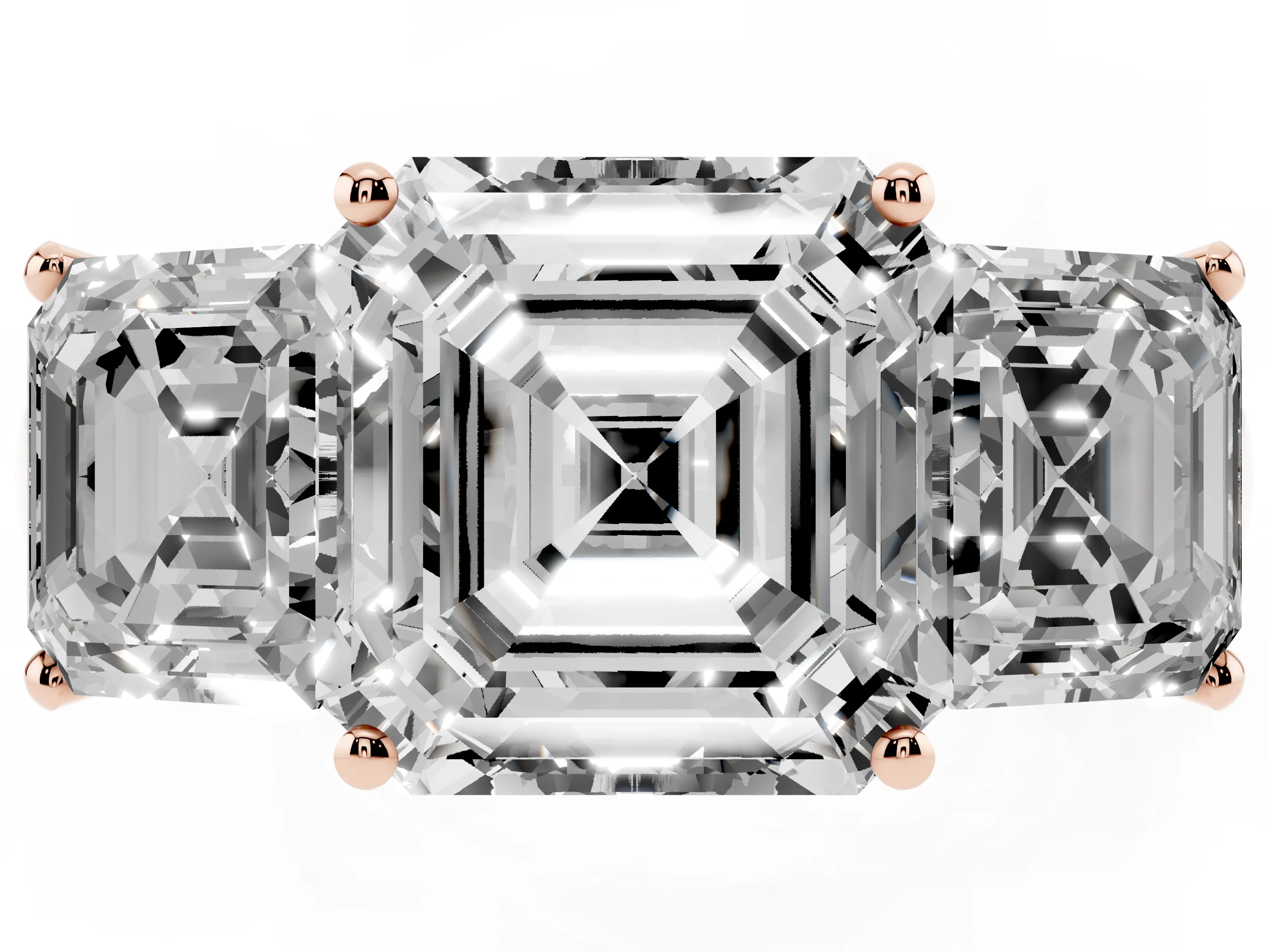 Asscher Cut Diamond Three-Stone Ring Set in Rose gold with Classic Prong Setting and Plain Band