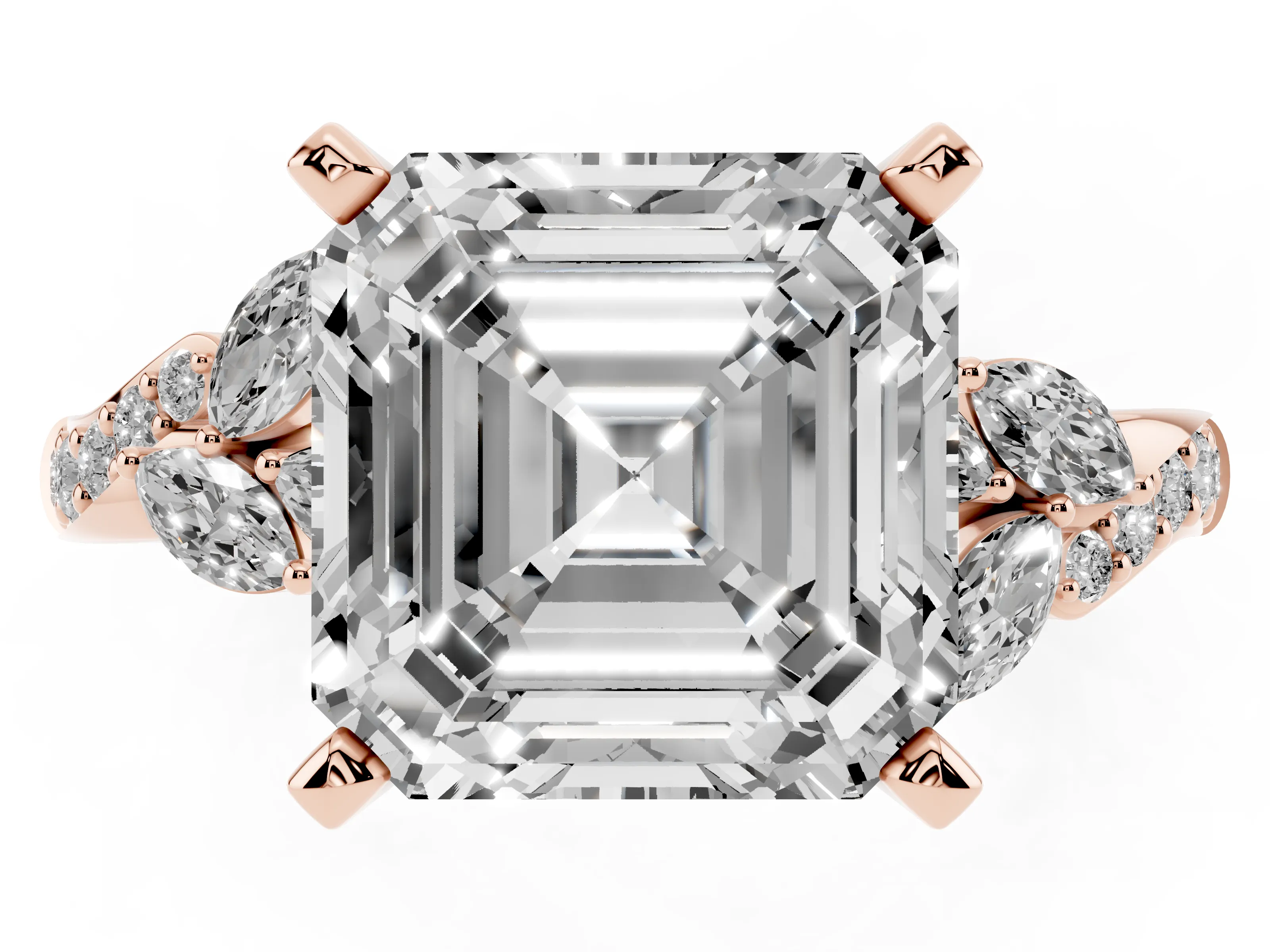 Asscher Cut Diamond Solitaire Ring Set in Rose gold with Marquise Twist Band and Prong Setting
