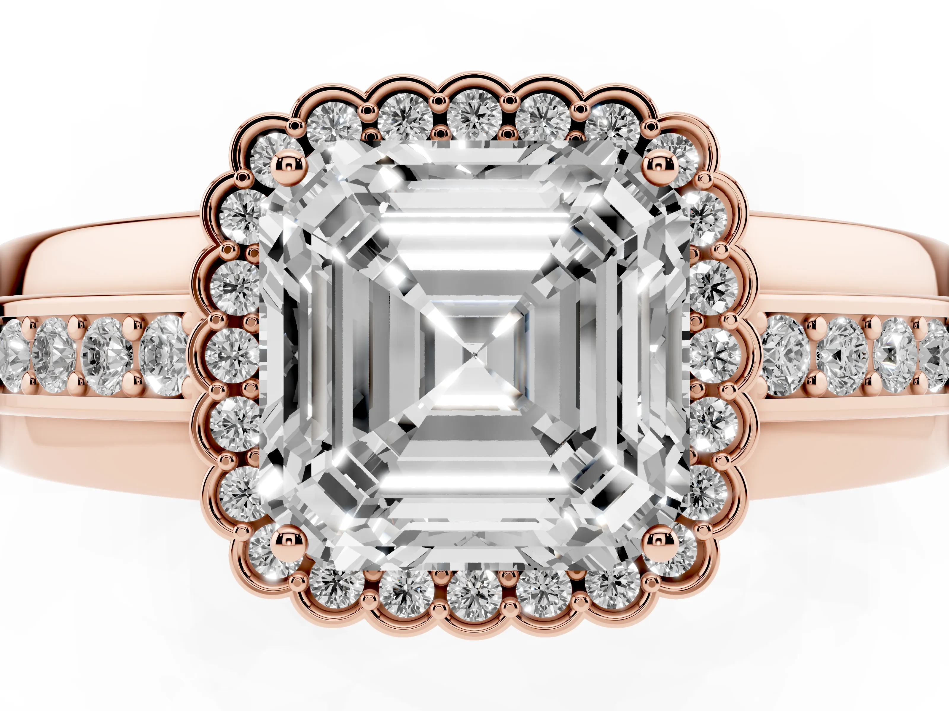 Asscher Cut Diamond Halo Prong Ring Set in Rose gold with Pavé Band