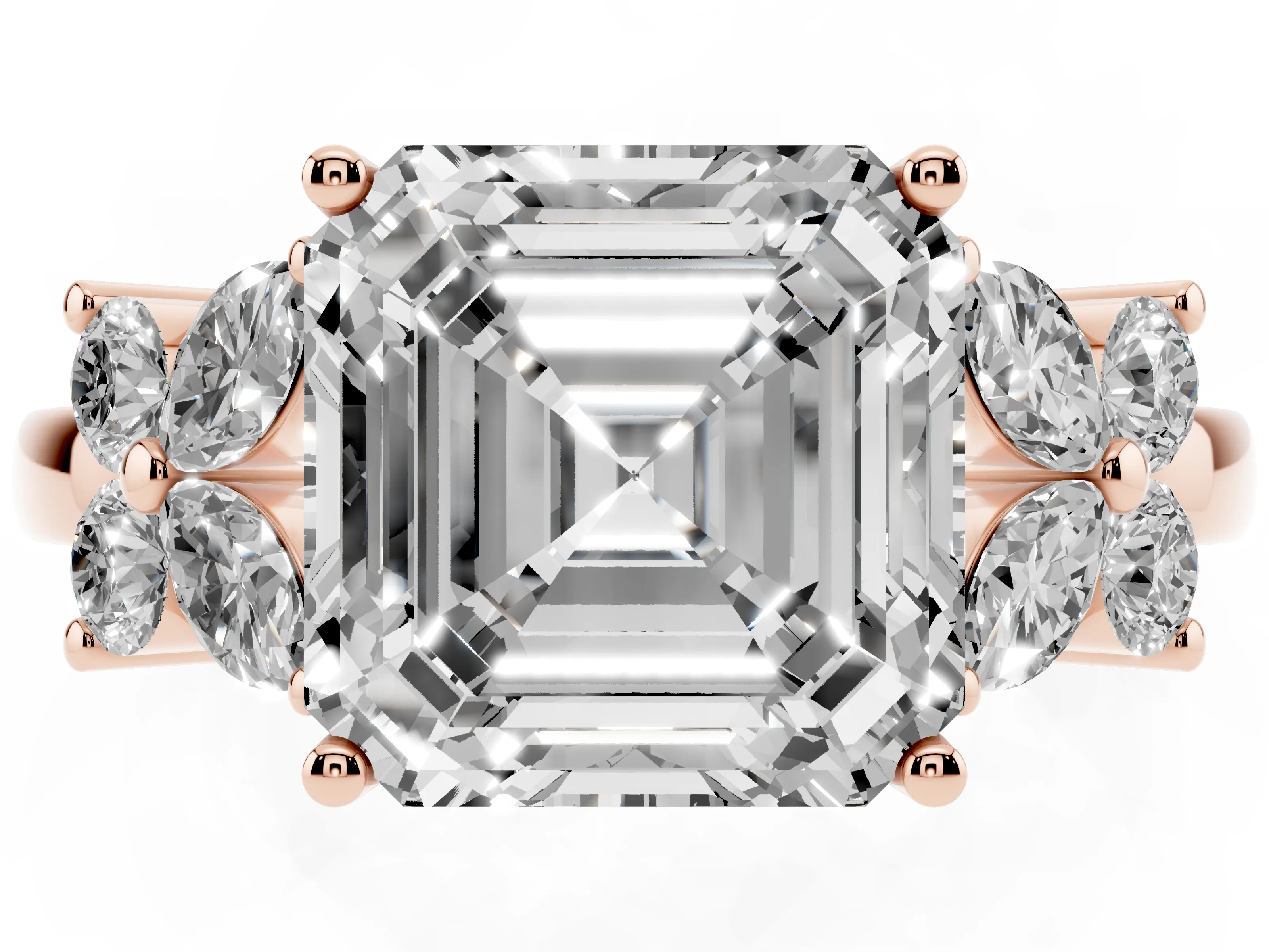 Asscher Cut Diamond Floral Cluster Ring Set in Rose gold with Marquise Petals and Prong Setting