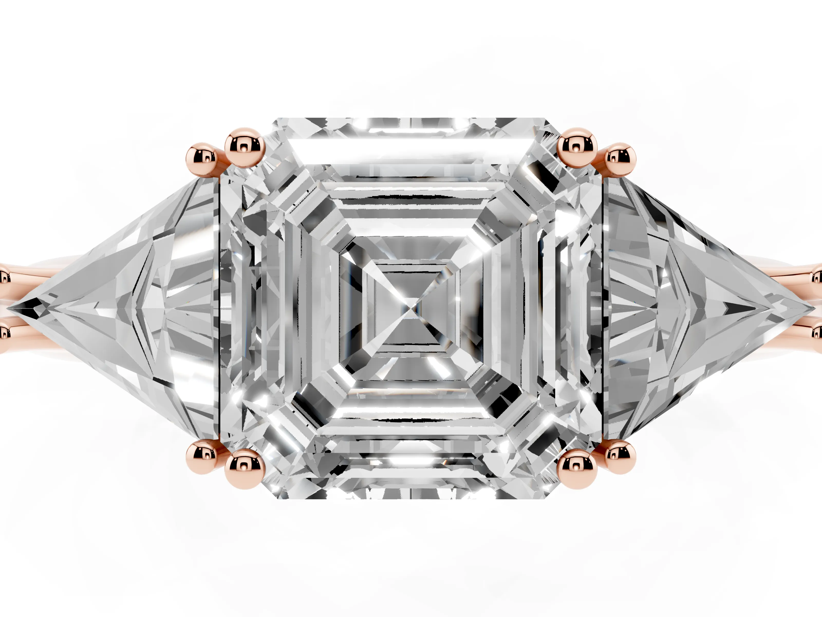 Asscher Cut Diamond Three-Stone Engagement Ring Set in Rose gold with Trillion Side Stones