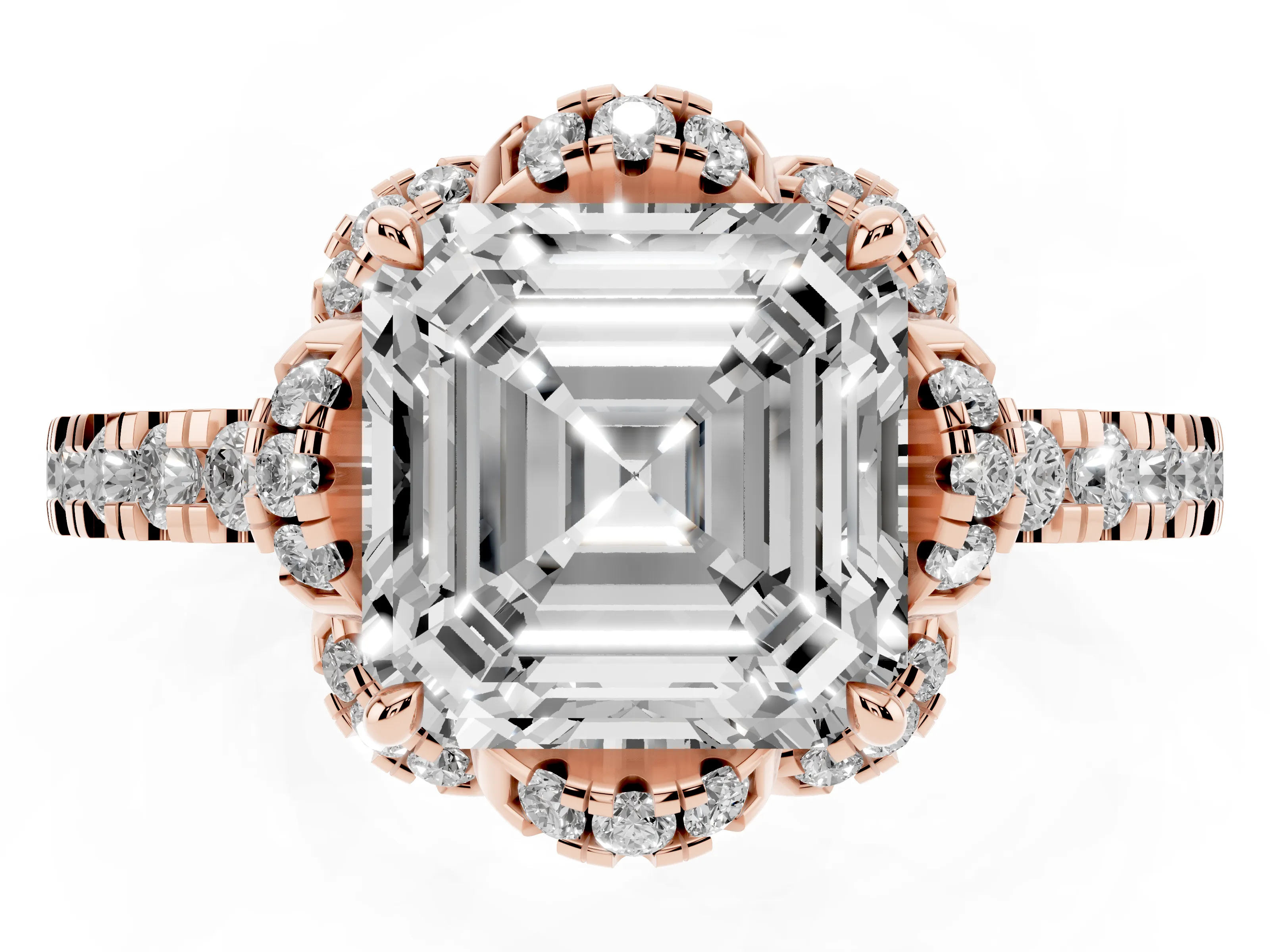 Asscher Cut Diamond Halo Pavé Ring Set in Rose gold with Prong-Held Center Stone
