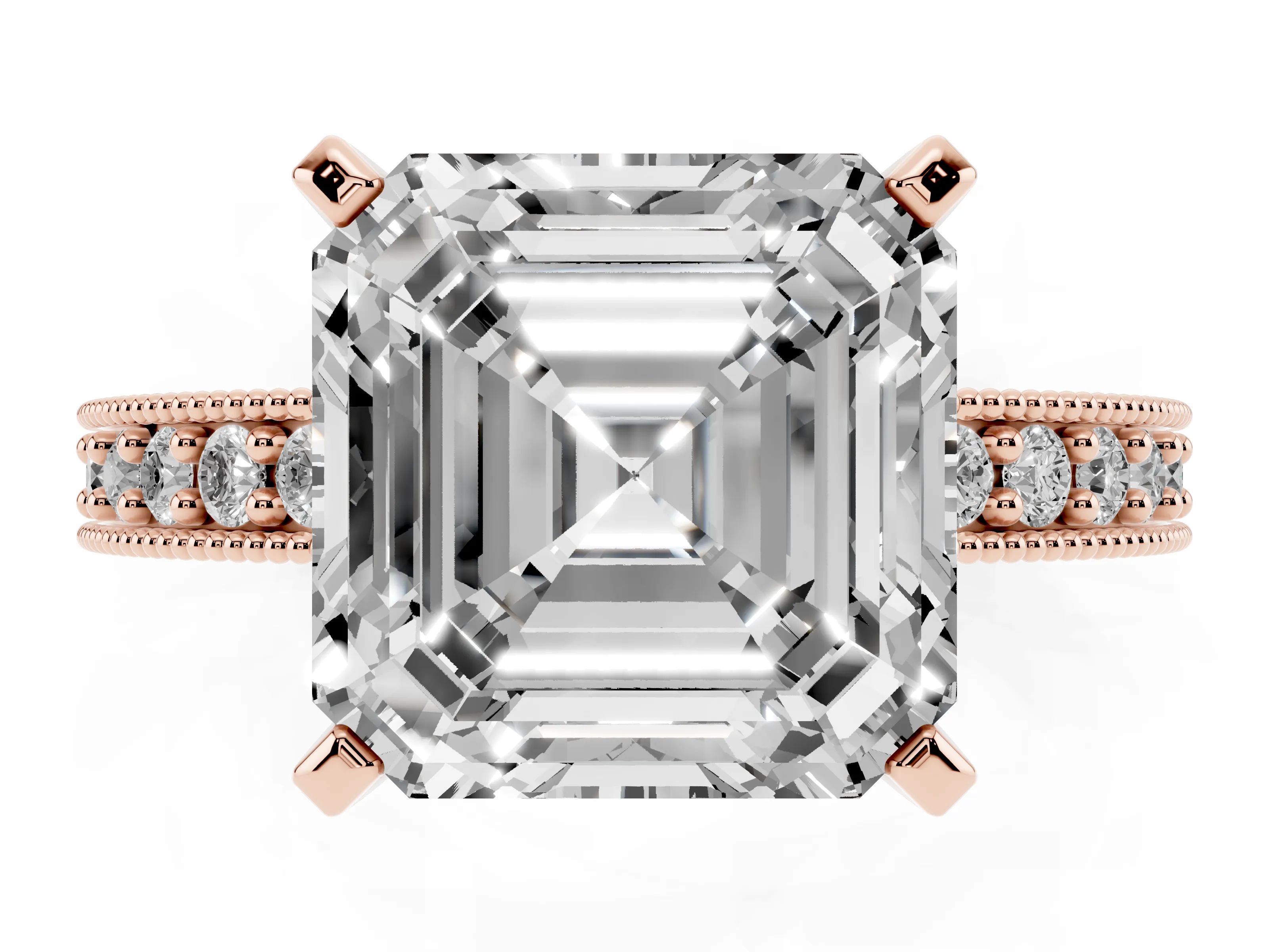 Asscher Cut Diamond Milgrain Pavé Engagement Ring Set in Rose gold with Prong Setting
