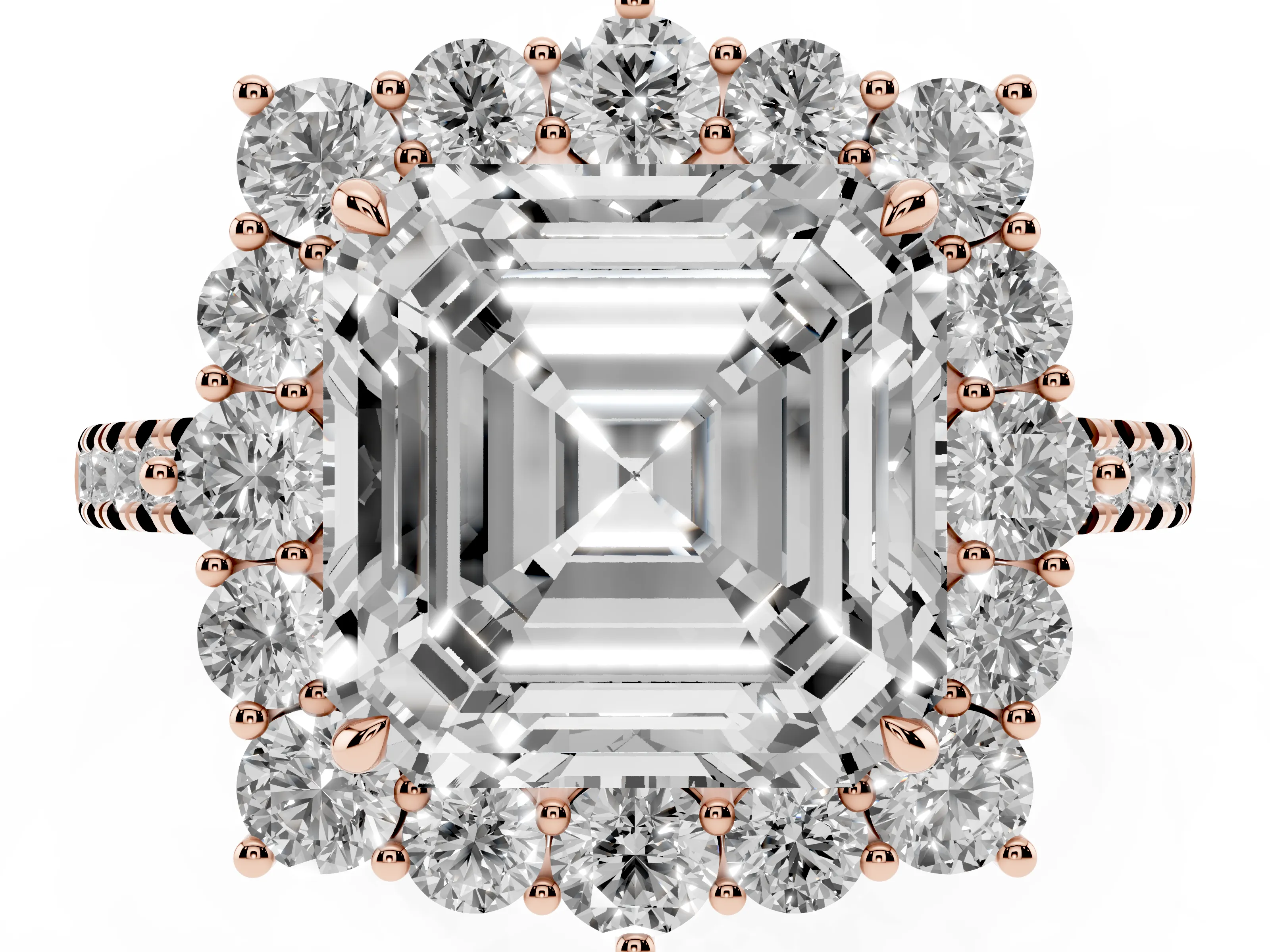Asscher Cut Diamond Halo Ring Set in Rose gold with Pavé Band and Prong Setting