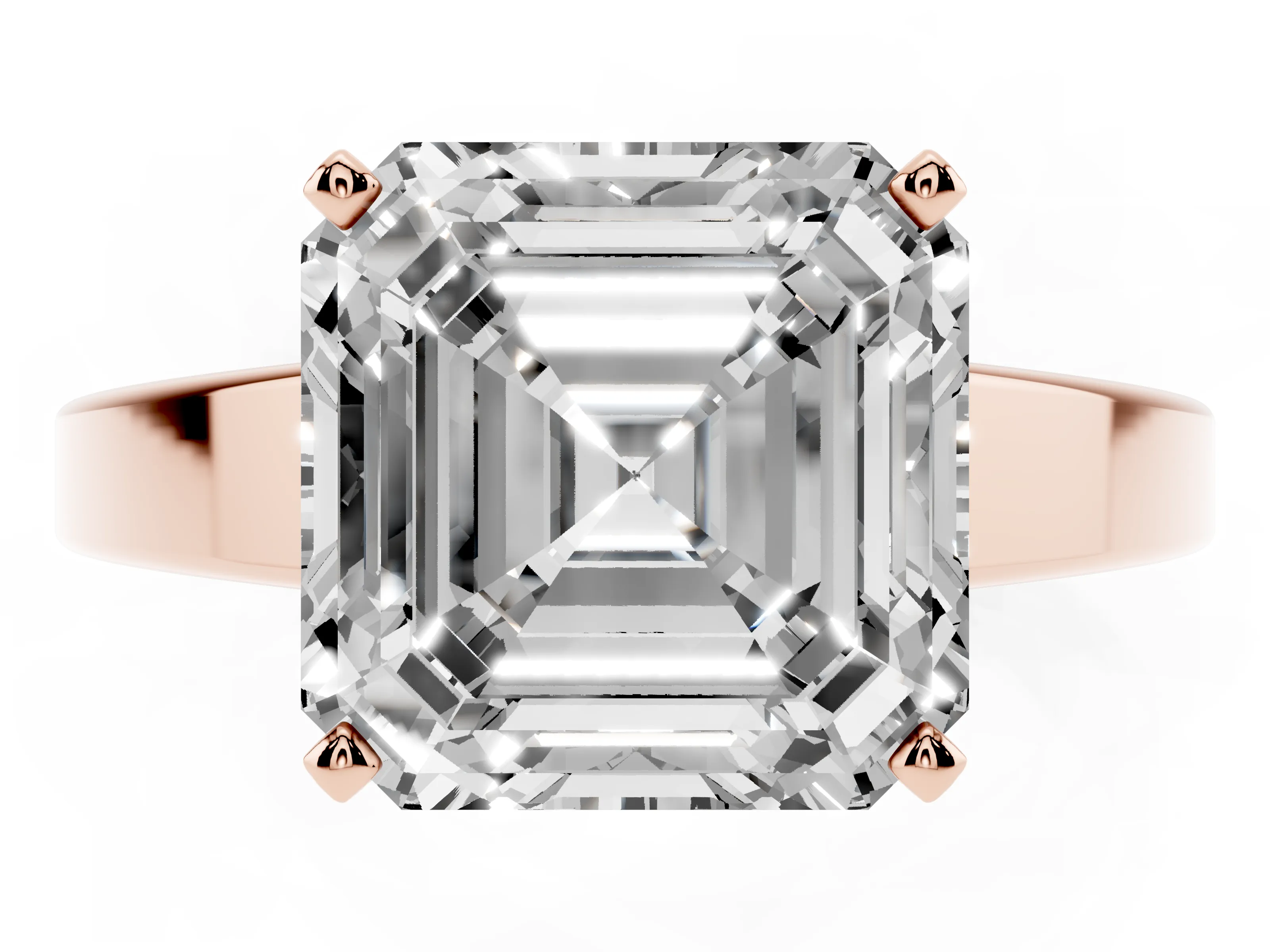 Asscher Cut Diamond Solitaire Engagement Ring Set in Rose gold with Prong Setting and Tapered Band