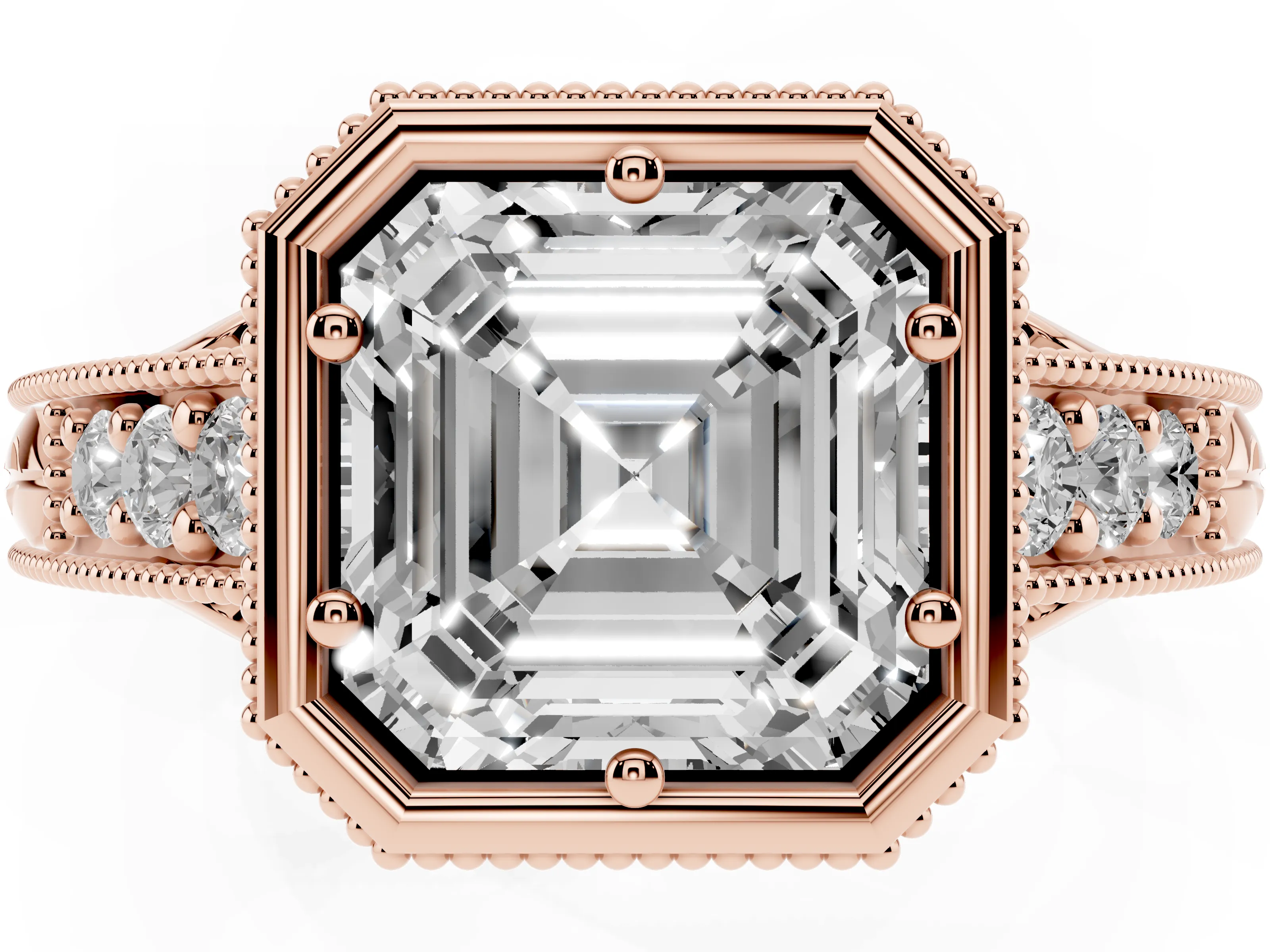 Bezel Set Asscher Cut Diamond Milgrain Pavé Engagement Ring Set in Rose gold