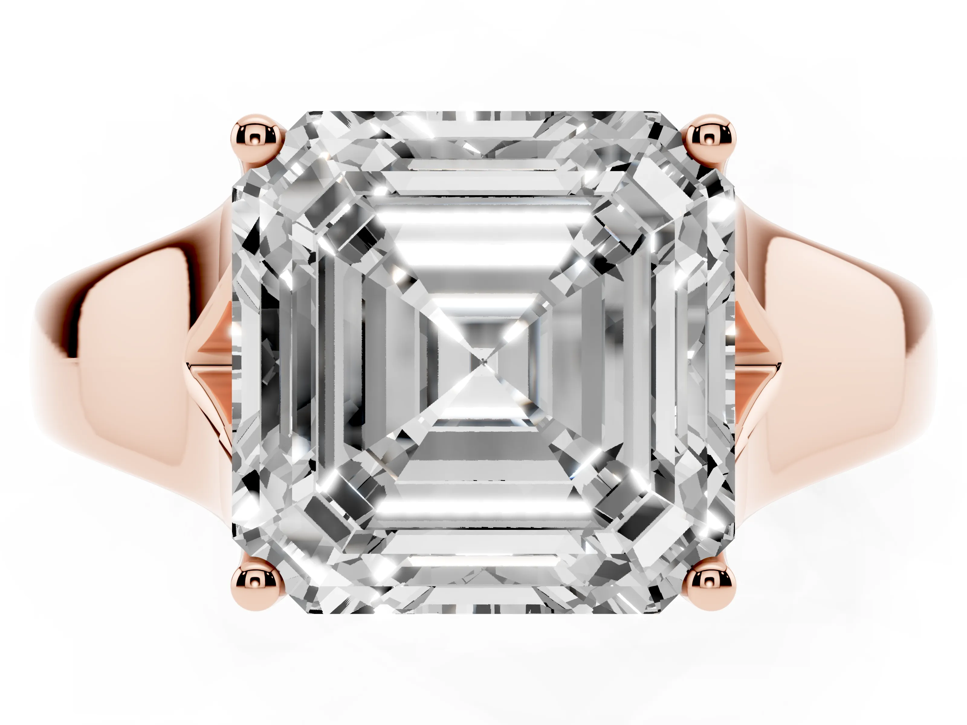Asscher Cut Diamond Solitaire Ring Set in Rose gold with Arched Cathedral Band and Prong Setting